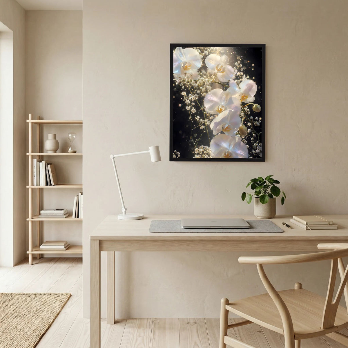 Blumenposter mit weißen Orchideen und goldenen Lichtern auf dunklem Hintergrund, schwarz gerahmt