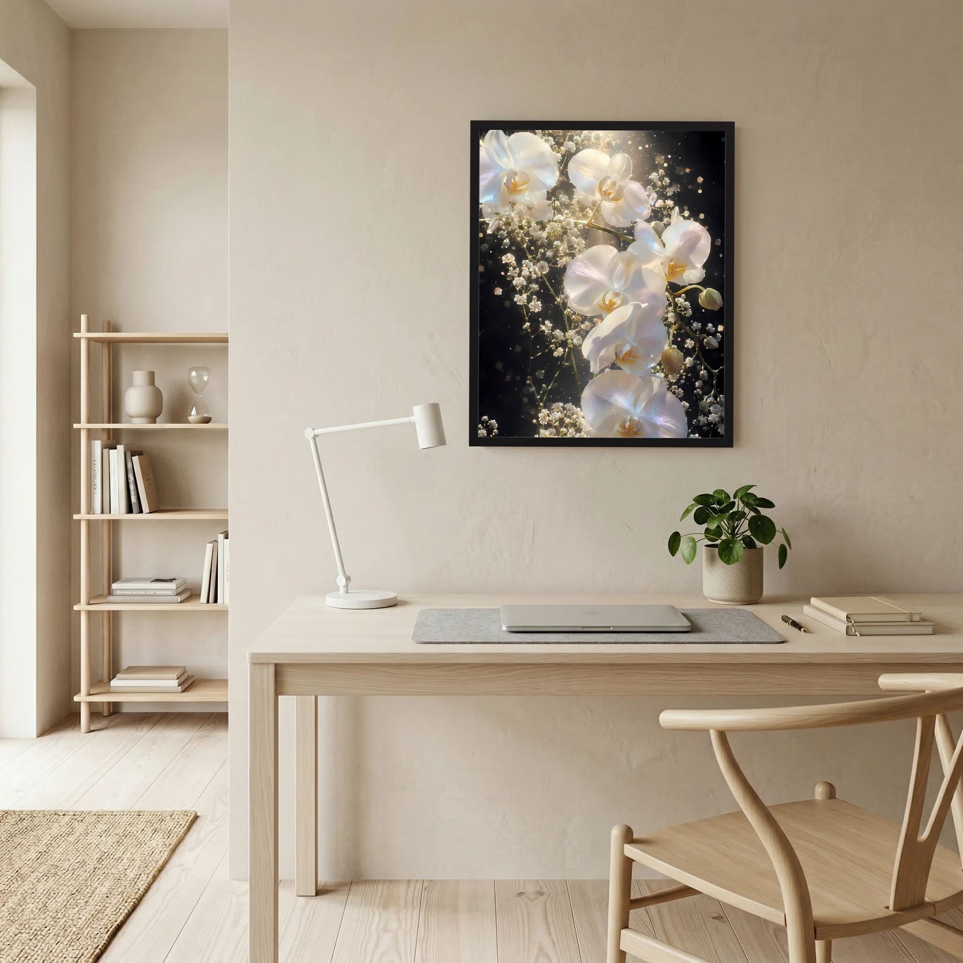 Blumenposter mit weißen Orchideen und goldenen Lichtern auf dunklem Hintergrund, schwarz gerahmt