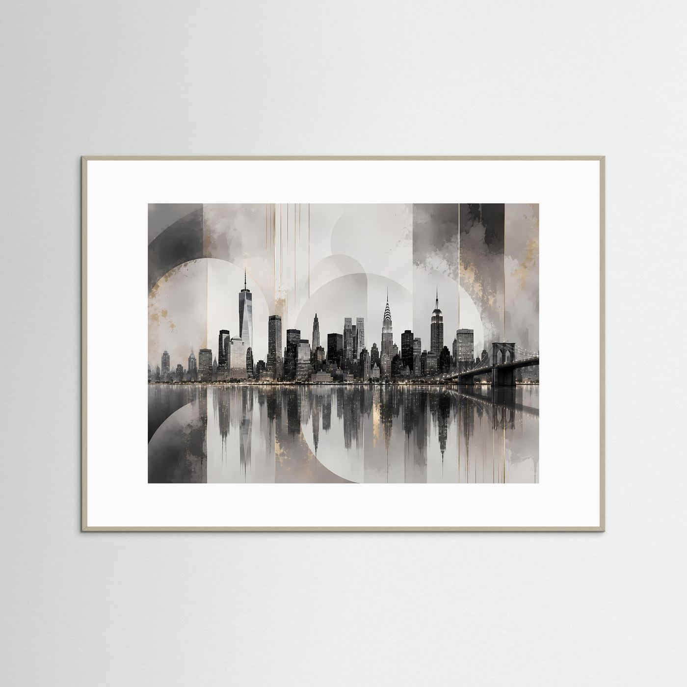Poster im Querformat mit hellem Holzrahmen und weißem Passepartout, Skyline mit Brücke