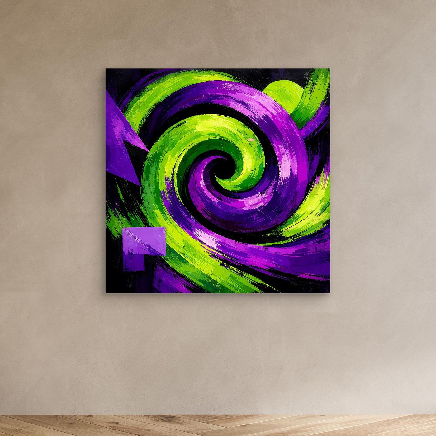 Abstraktes Leinwandbild ohne Rahmen mit violett-grünem Spiralmotiv