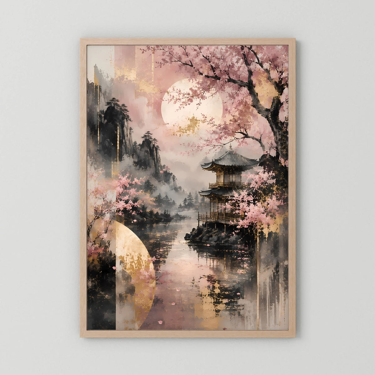 Poster im Hochformat mit Kirschblüten und Tempel am See, hellbrauner Holzrahmen
