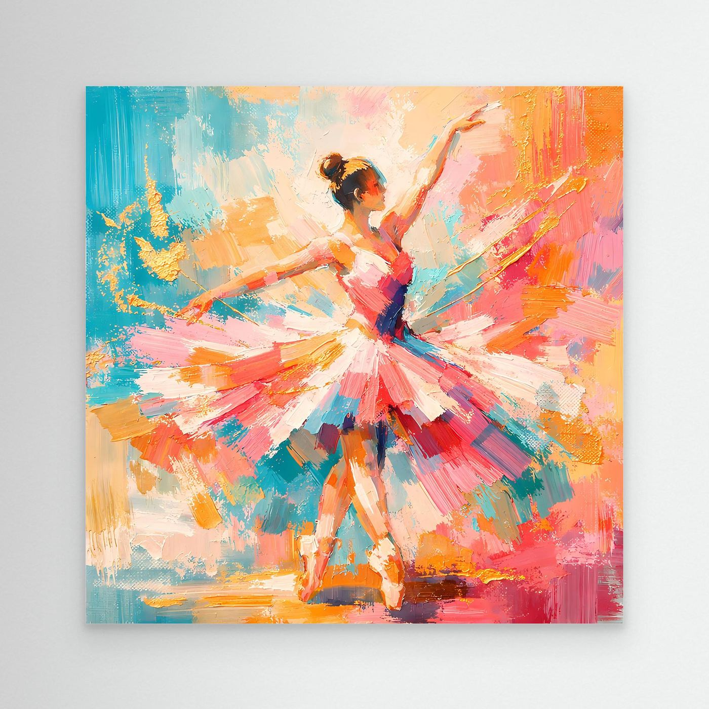 Abstraktes Leinwandbild mit tanzender Ballerina, farbenfrohes Schichtfarben-Design, ohne Rahmen