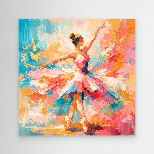 Abstraktes Leinwandbild mit tanzender Ballerina, farbenfrohes Schichtfarben-Design, ohne Rahmen