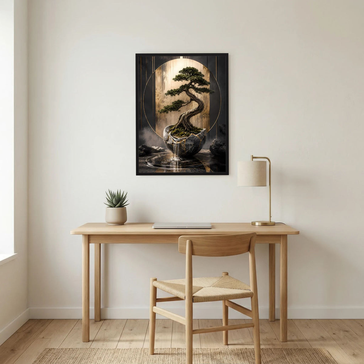 Hochformat-Poster mit Bonsai im schwarzen Tongefäß, goldgrünes Blattwerk, kreisförmiger Rahmen