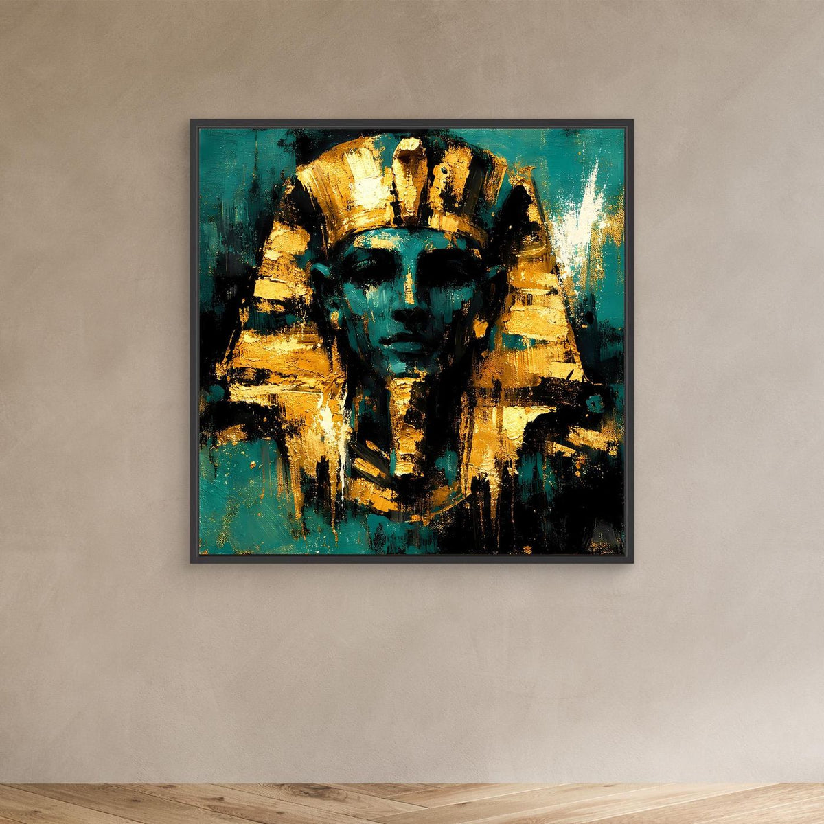 Leinwand-Wandbild mit Pharao in Türkis und Gold, schwarzer Rahmen