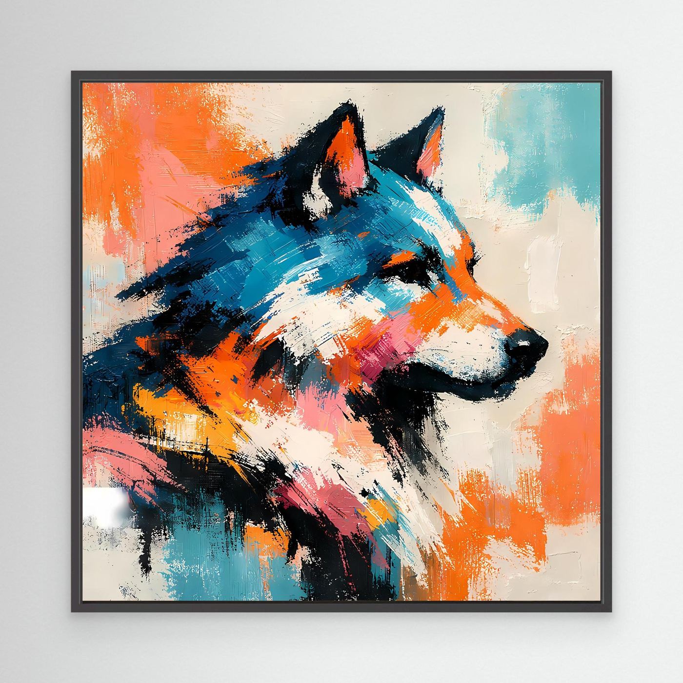 Leinwand-Wandbild mit abstraktem Wolf in Pop-Art, orange-blau, schwarzer Rahmen