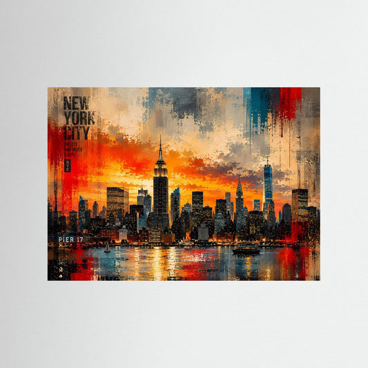 Gerahmtes Skyline-Poster (Querformat) mit New York City bei Sonnenuntergang, „NEW YORK CITY“, „PIER 17“