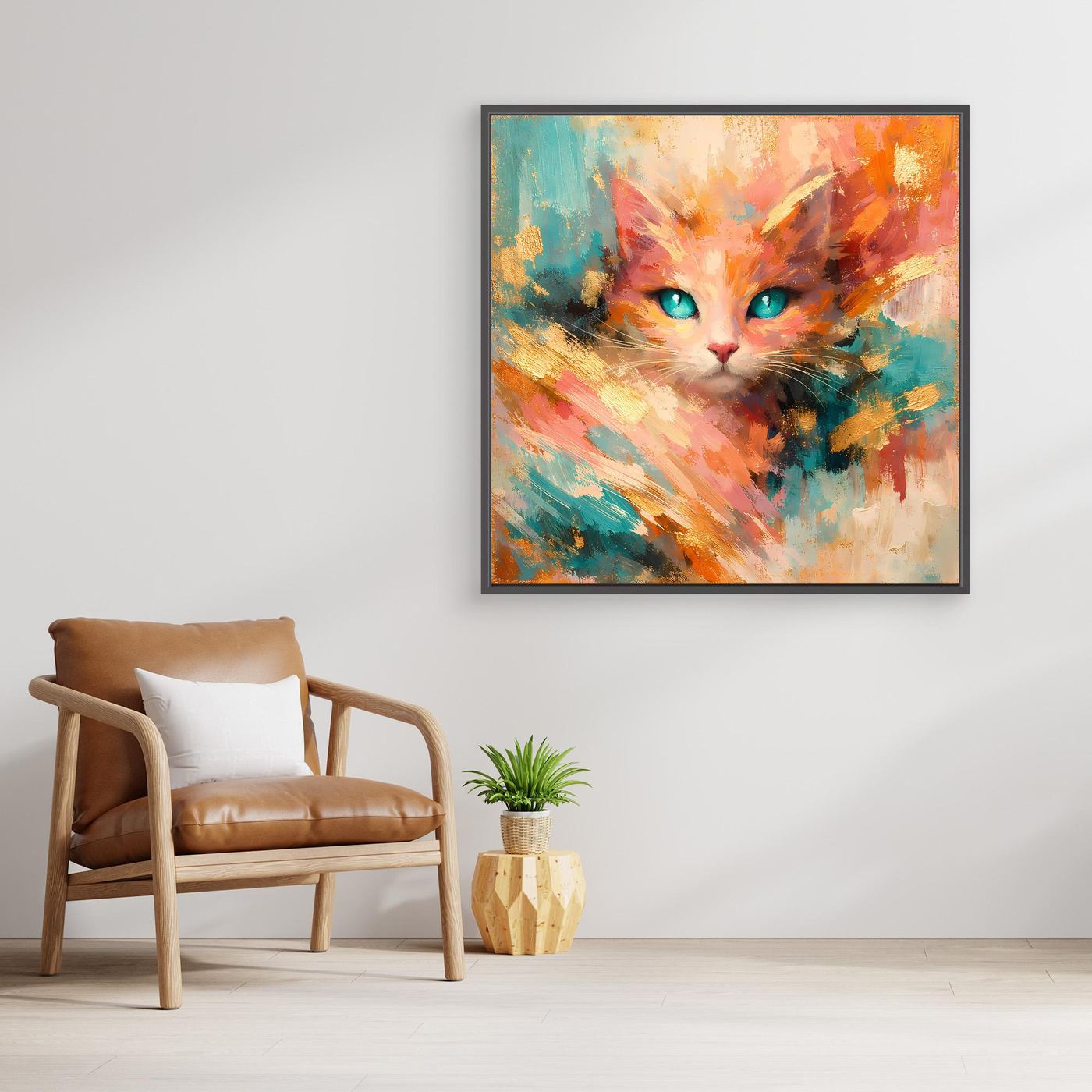 Leinwandbild abstrakte Katze mit türkisfarbenen Augen, buntes Pinselbild, dunkler Rahmen