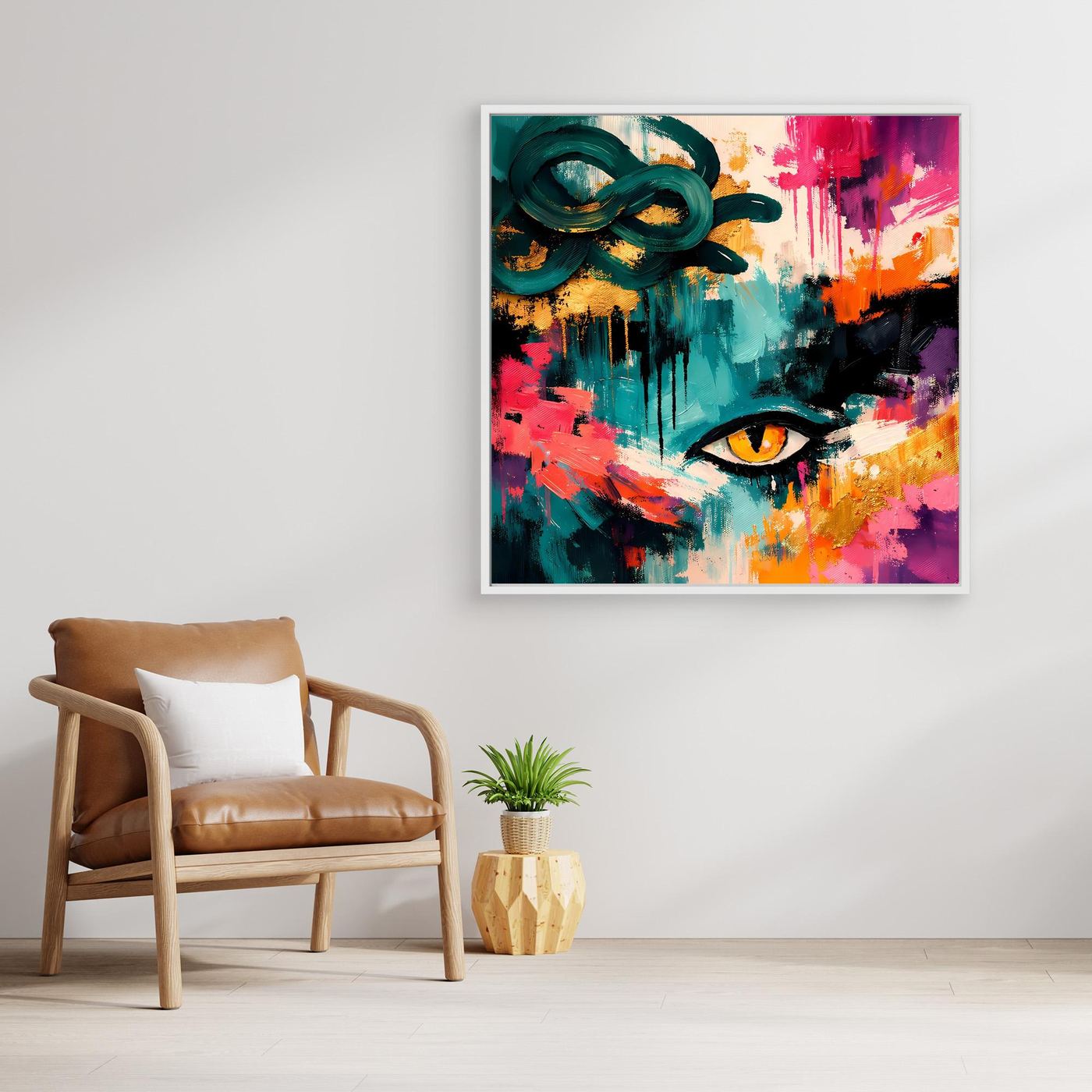 Abstraktes Leinwand-Wandbild: Medusa-Auge mit bunten Spritzern, Holzrahmen