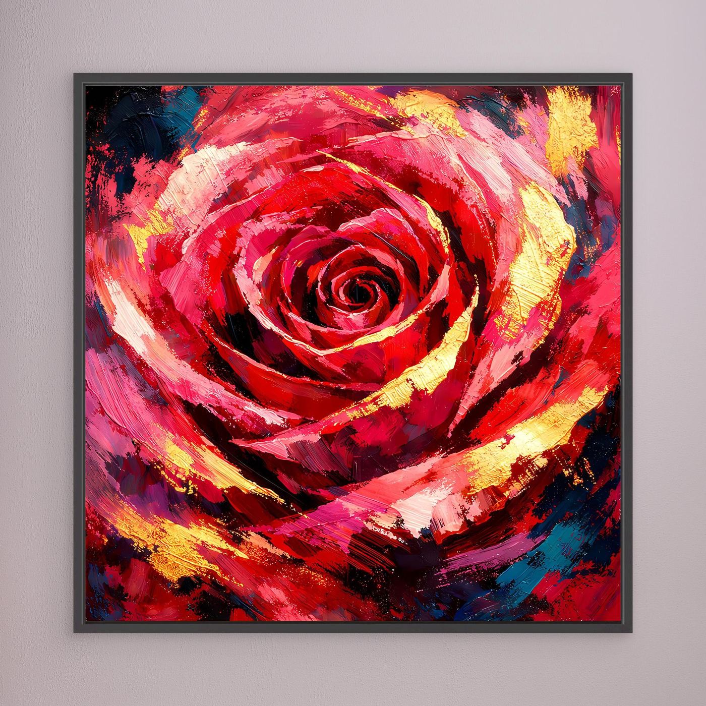 Leinwandbild mit abstrakter Rosenblüte, Rot-, Blau- und Gelbtöne, schwarzer Rahmen
