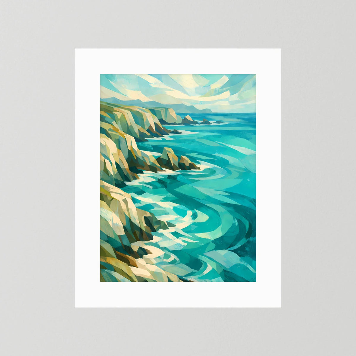 Poster Hochformat mit weißem Passepartout, abstrakte türkisfarbene Meereslandschaft mit Felsen