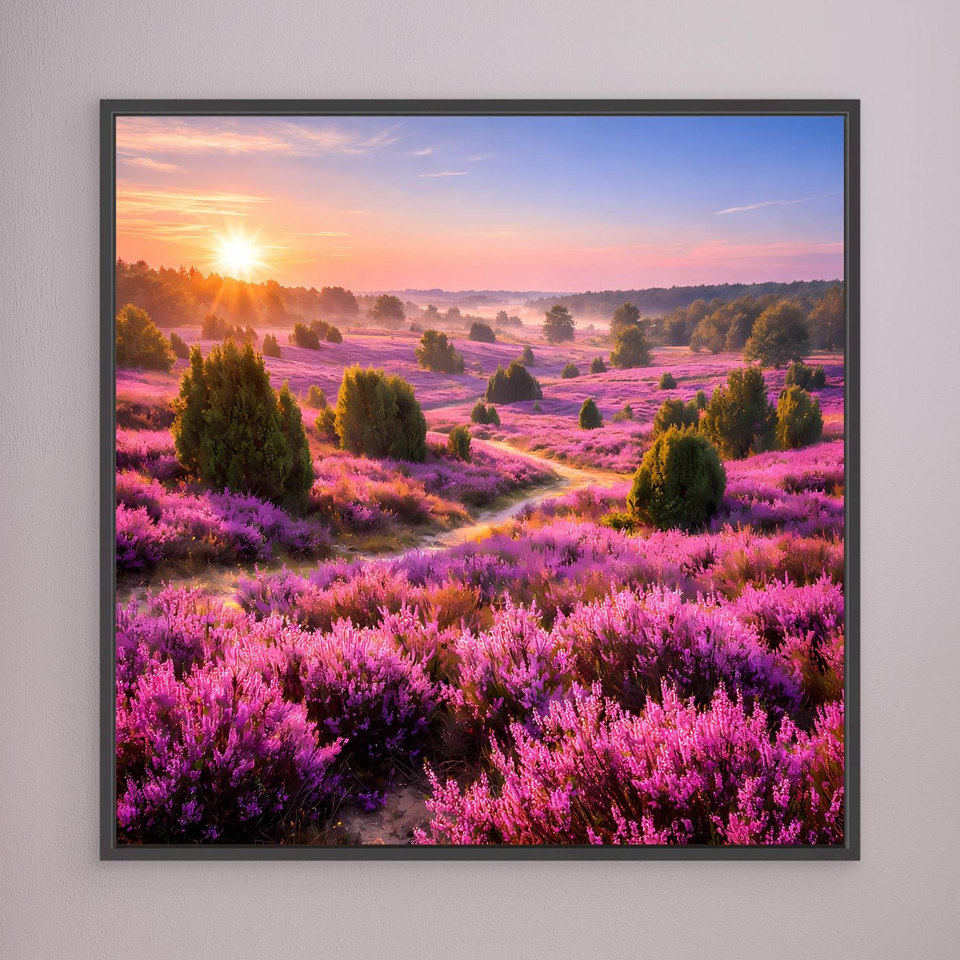 Leinwandbild mit blühender Heidekraut-Landschaft, Sonnenaufgang, schwarzer Einrahmung