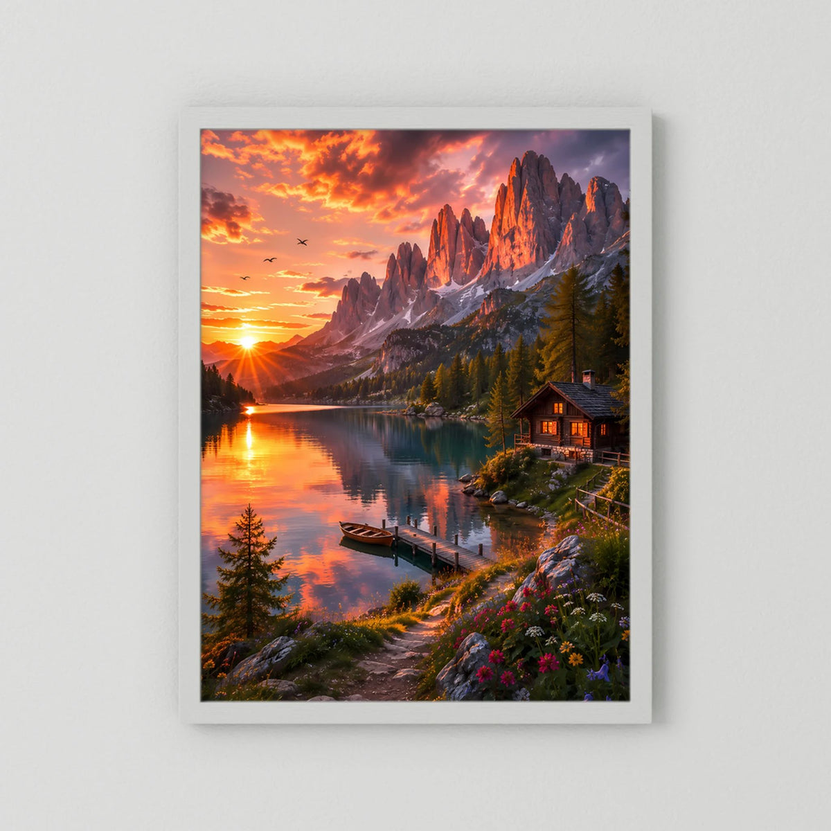 Hochformatiges Poster mit Sonnenuntergang, See und Berghütte, weißer Rahmen