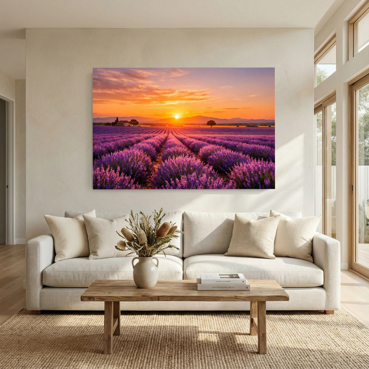 Wandbild mit Lavendelfeld und orangefarbener Sonne am Himmel, über dem Sofa
