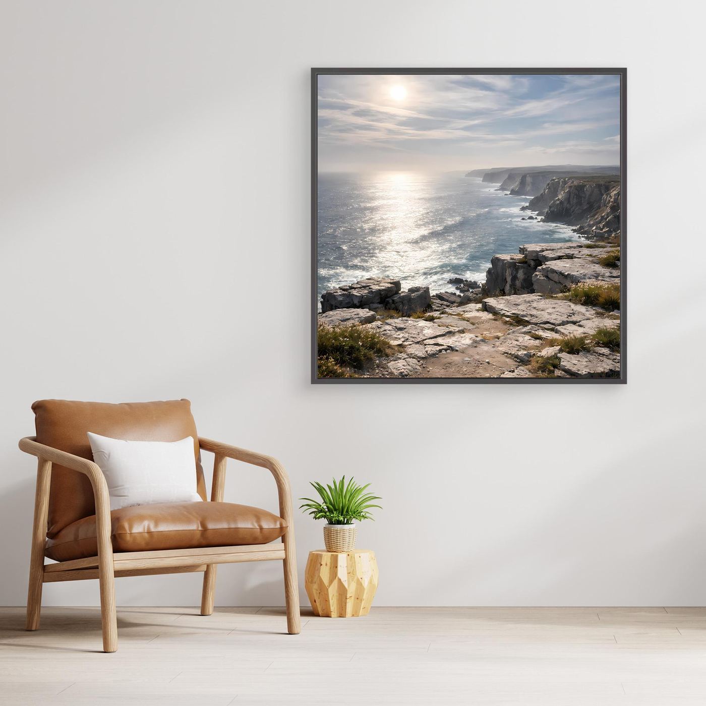 Leinwandbild mit steiler Küste, Meer und Klippen, schwarzer Rahmen