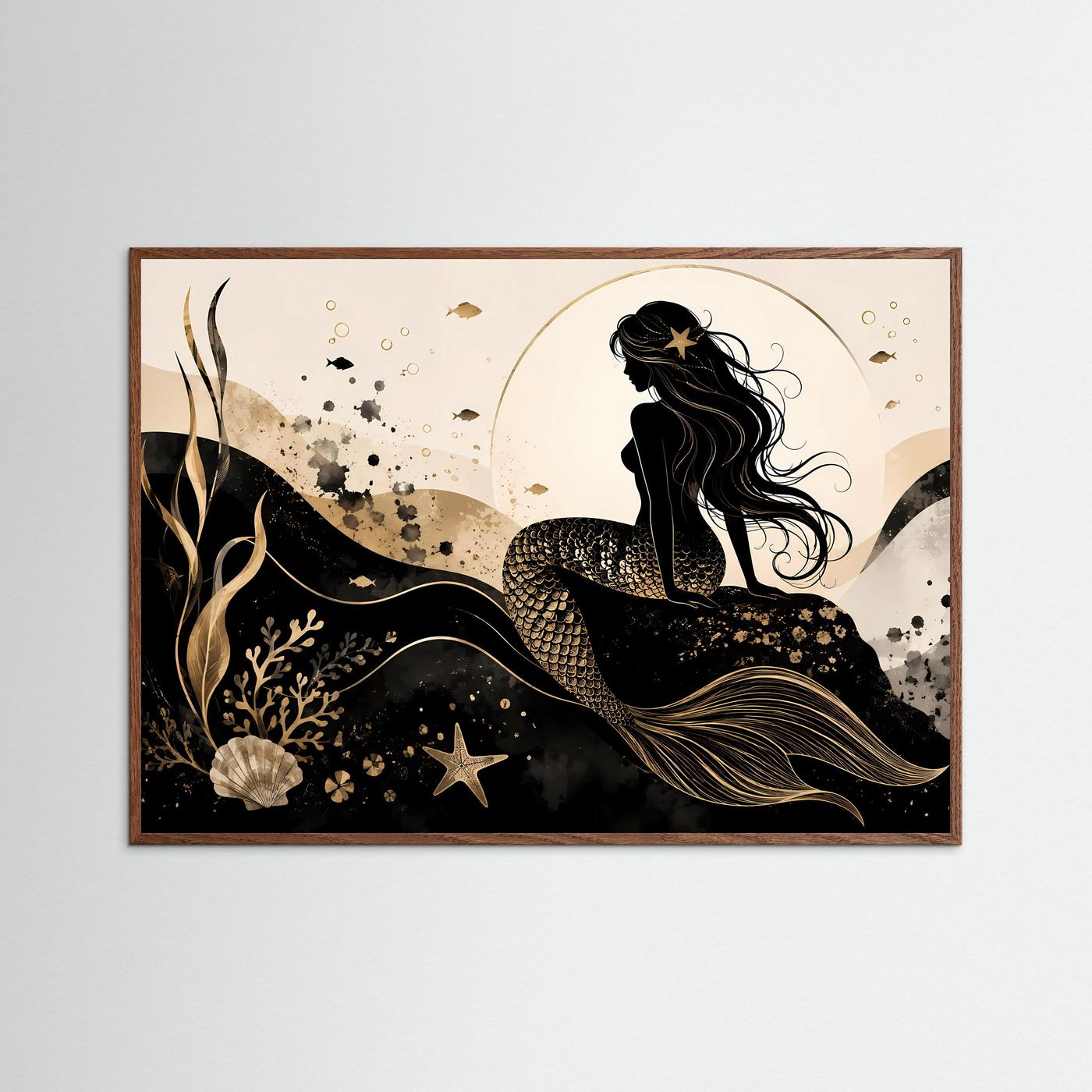 Querformat-Poster mit Meerjungfrau in Schwarz & Gold im dunklen Eichenrahmen
