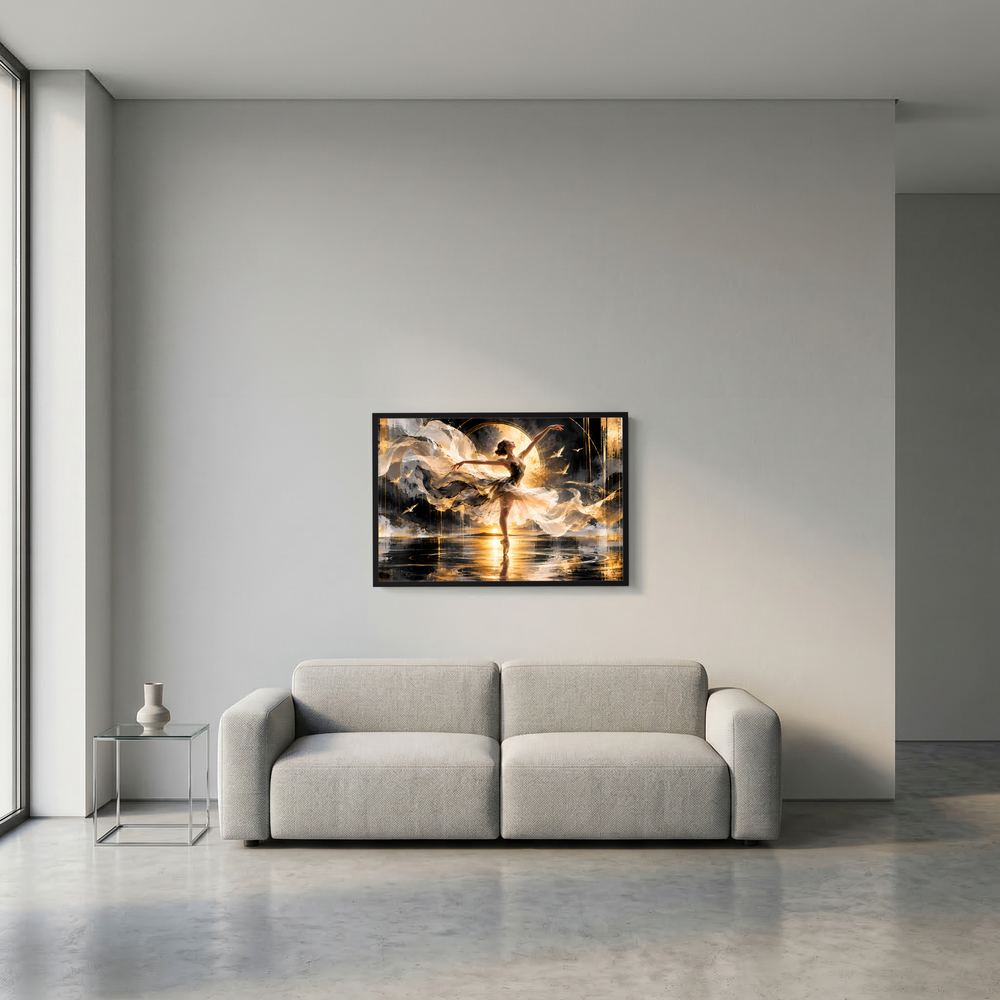 Wandposter im Querformat mit gold-schwarzer Ballerina, Lichtkreis und Spiegelung, schwarzer Rahmen