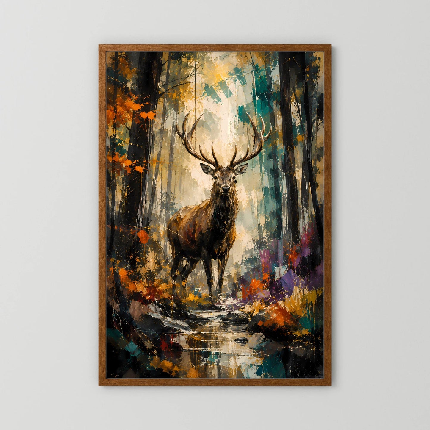Majestätischer Hirsch | Abstrakte Waldkunst in Gold und Türkis | Poster Hochformat