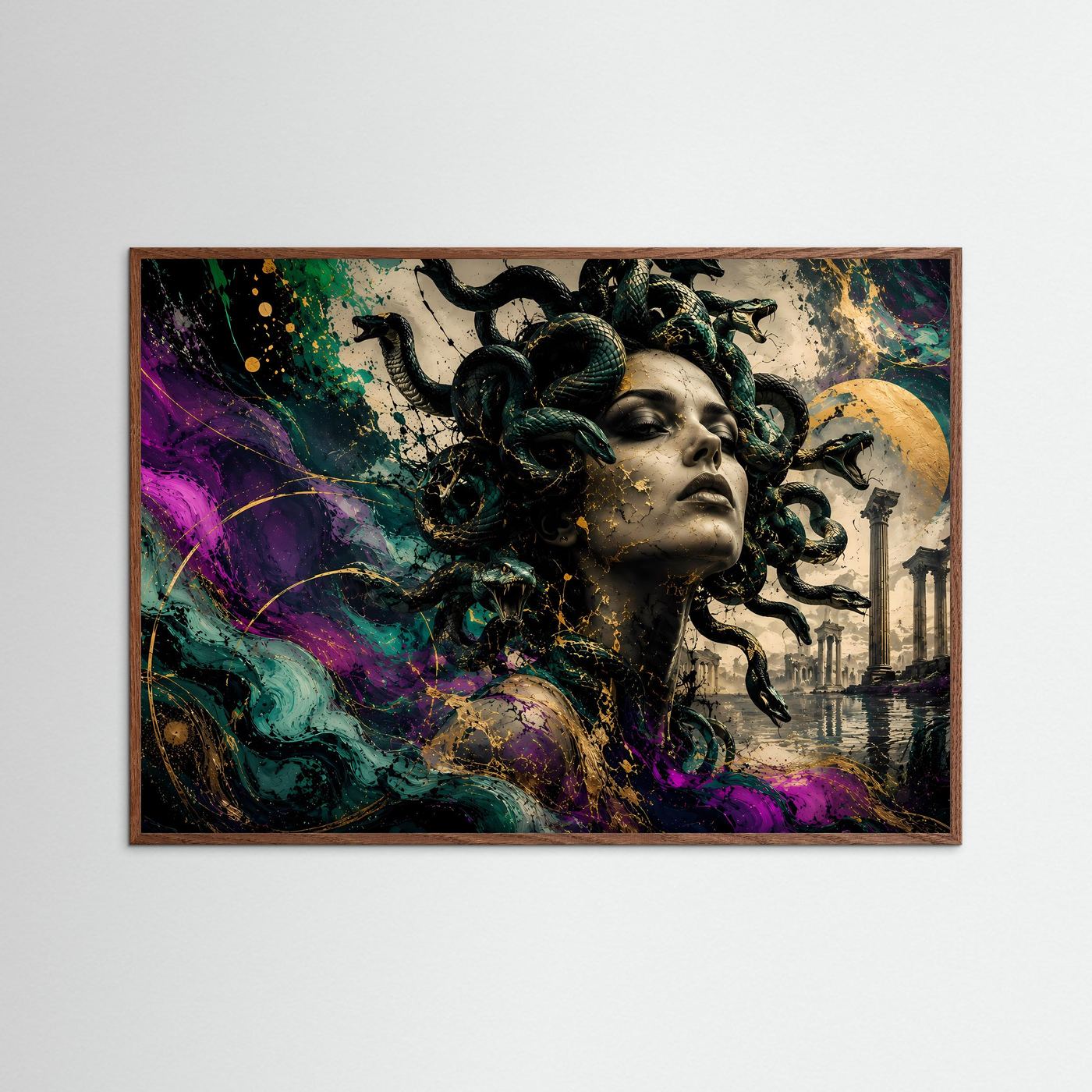 Medusa Wandbild Abstrakt | Mythologie Kunst mit Schlangen | Moderne Gorgone Wall Art | Griechische Antike Fantasy Poster | Luxus Leinwand Gold Akzente