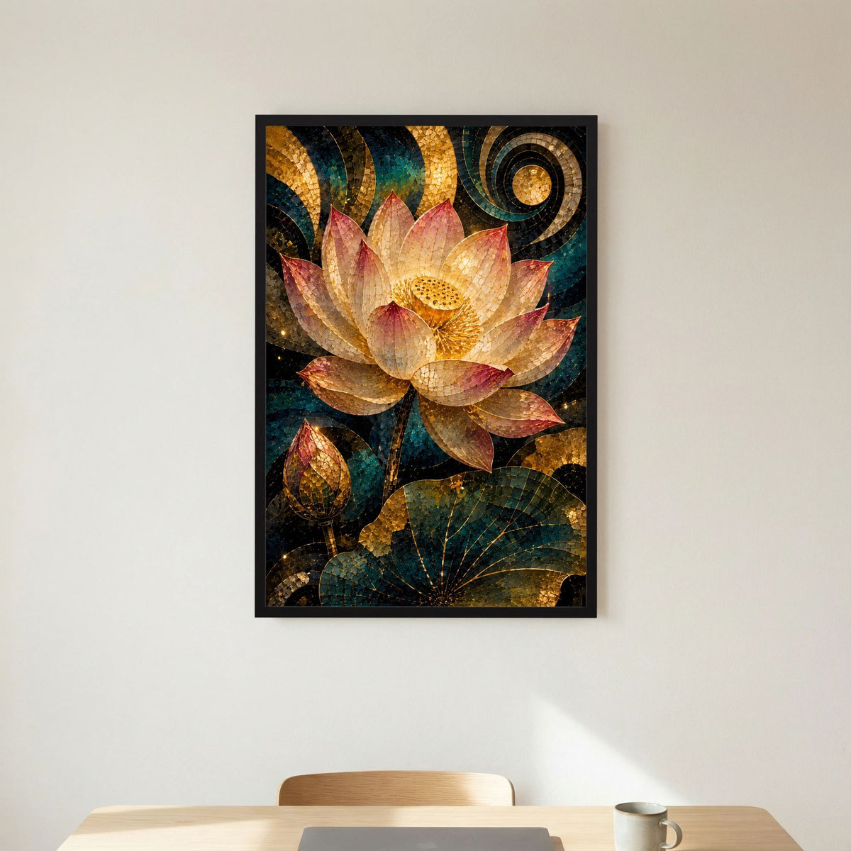 Hochformatiges Lotusblüten-Mosaik in Goldtönen, Petrol und Rosa, schwarzer Rahmen