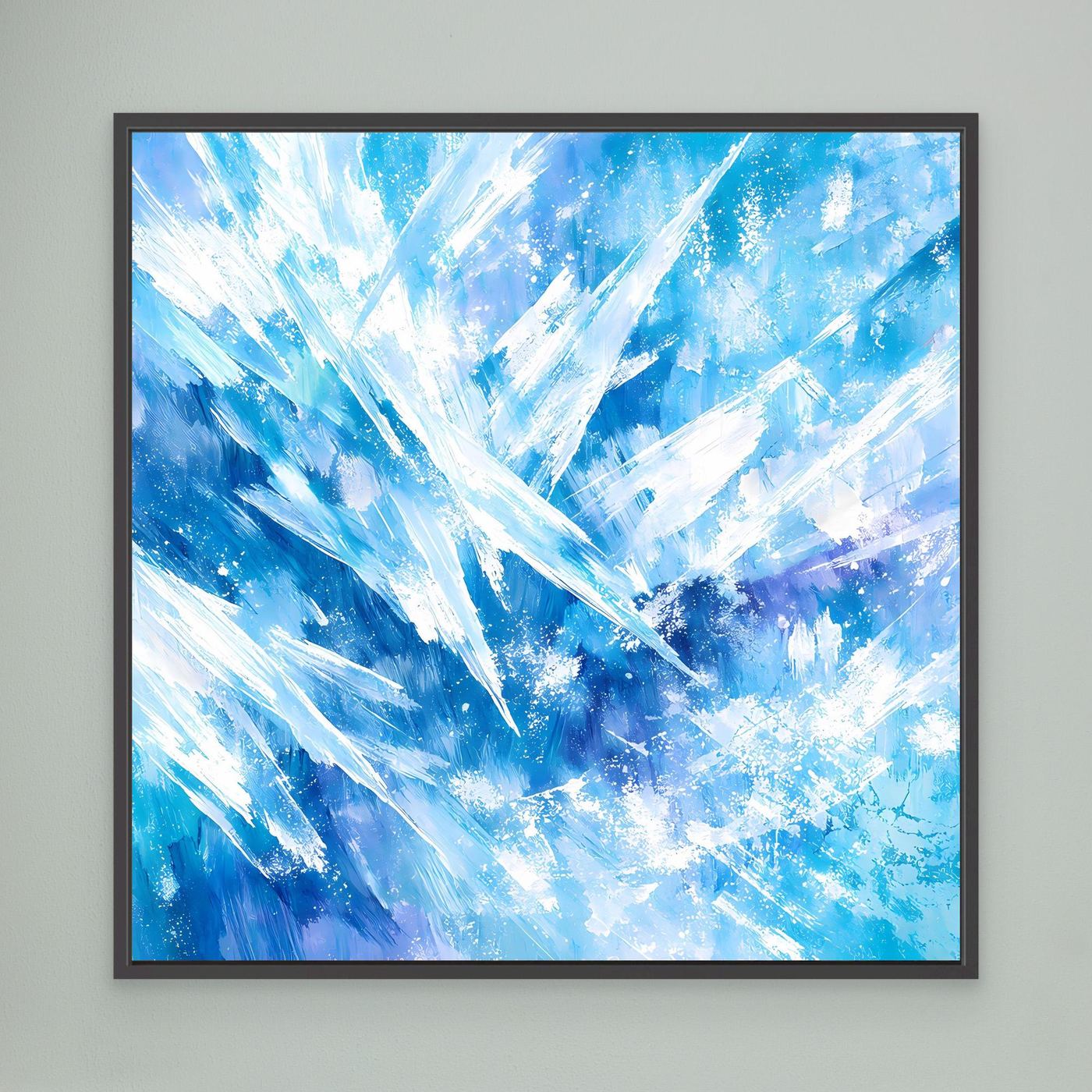 Quadratisches Leinwand-Wandbild mit abstrakten Eiskristallen in Blau, schwarzer Rahmen