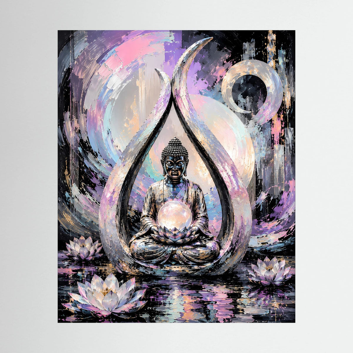 Kunstposter mit sitzendem Buddha im Lotussitz, pastellige Flammenformen, Perlmutt-Lichtkreis