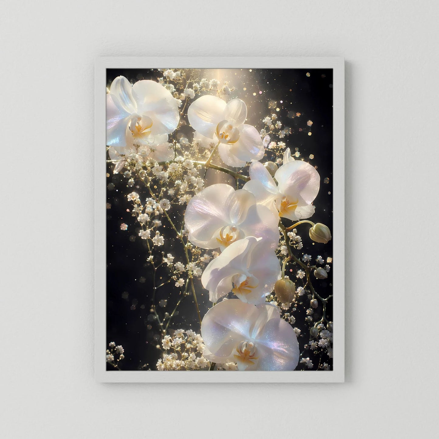 Orchideen-Blumenposter mit weißen Blüten und goldenen Lichtpunkten im weißen Rahmen