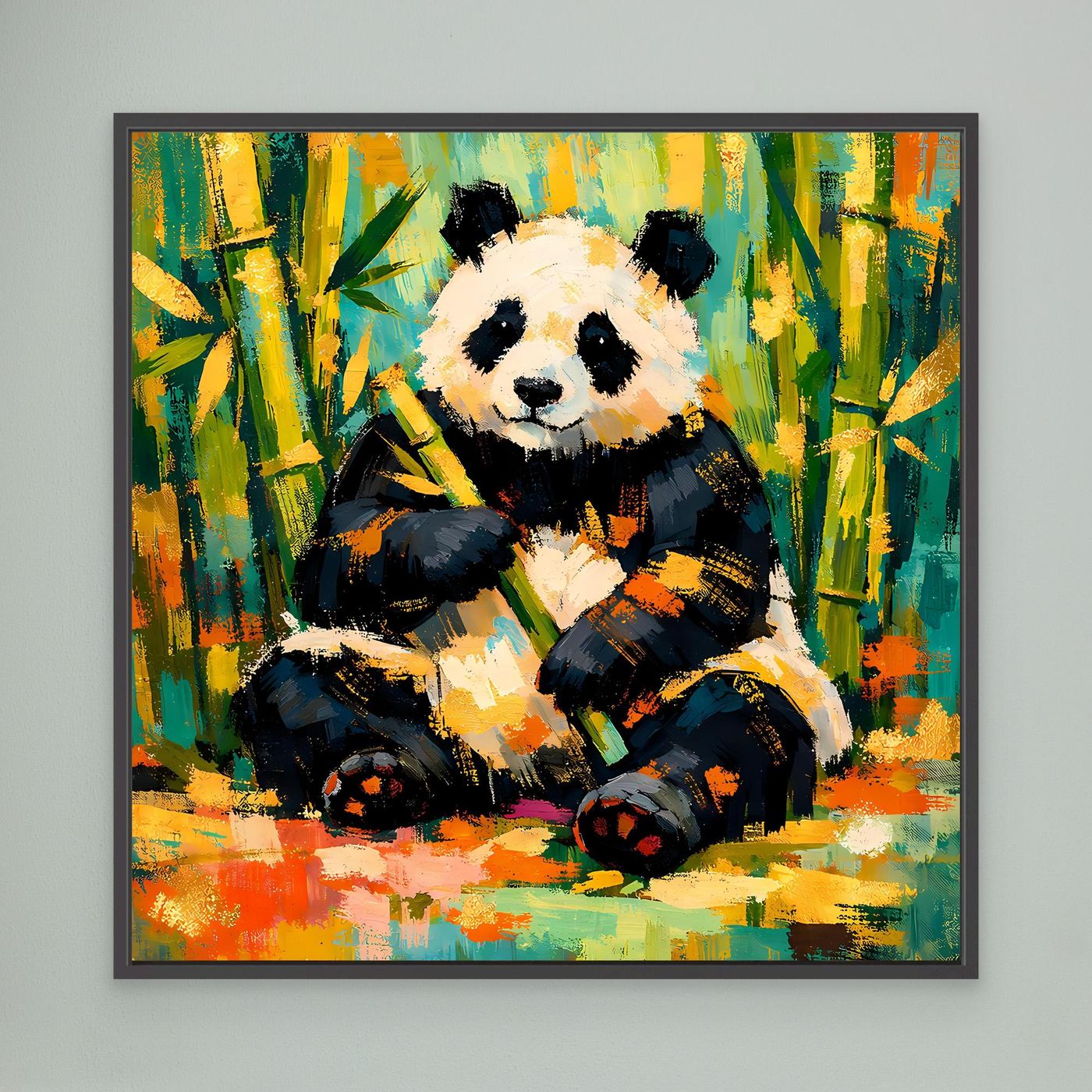 Leinwandbild mit Panda im Bambuswald, rechteckig, schwarz gerahmt