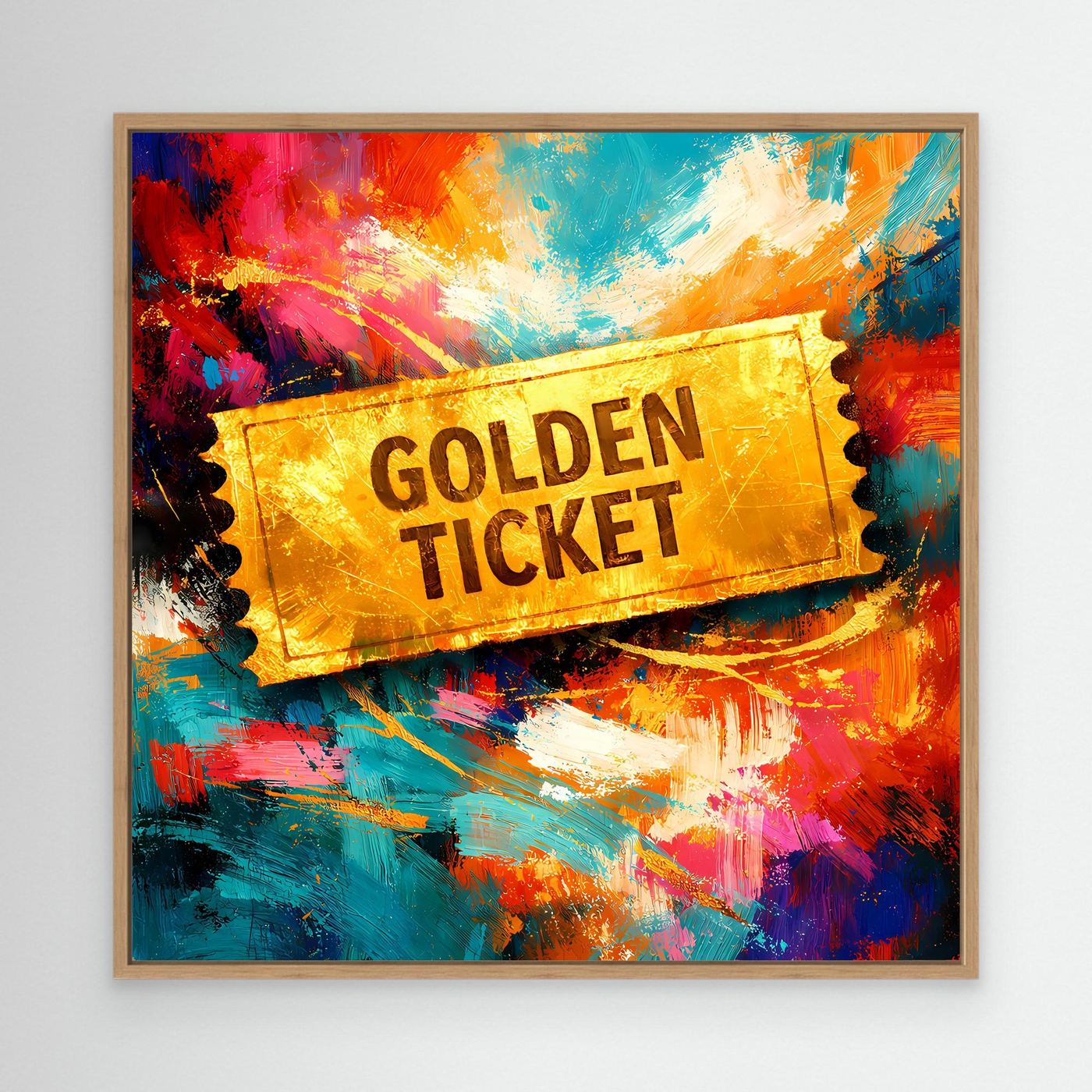 Gerahmtes Leinwandbild „Golden Ticket“ mit goldener Ticket-Aufschrift und bunten Farbspritzern