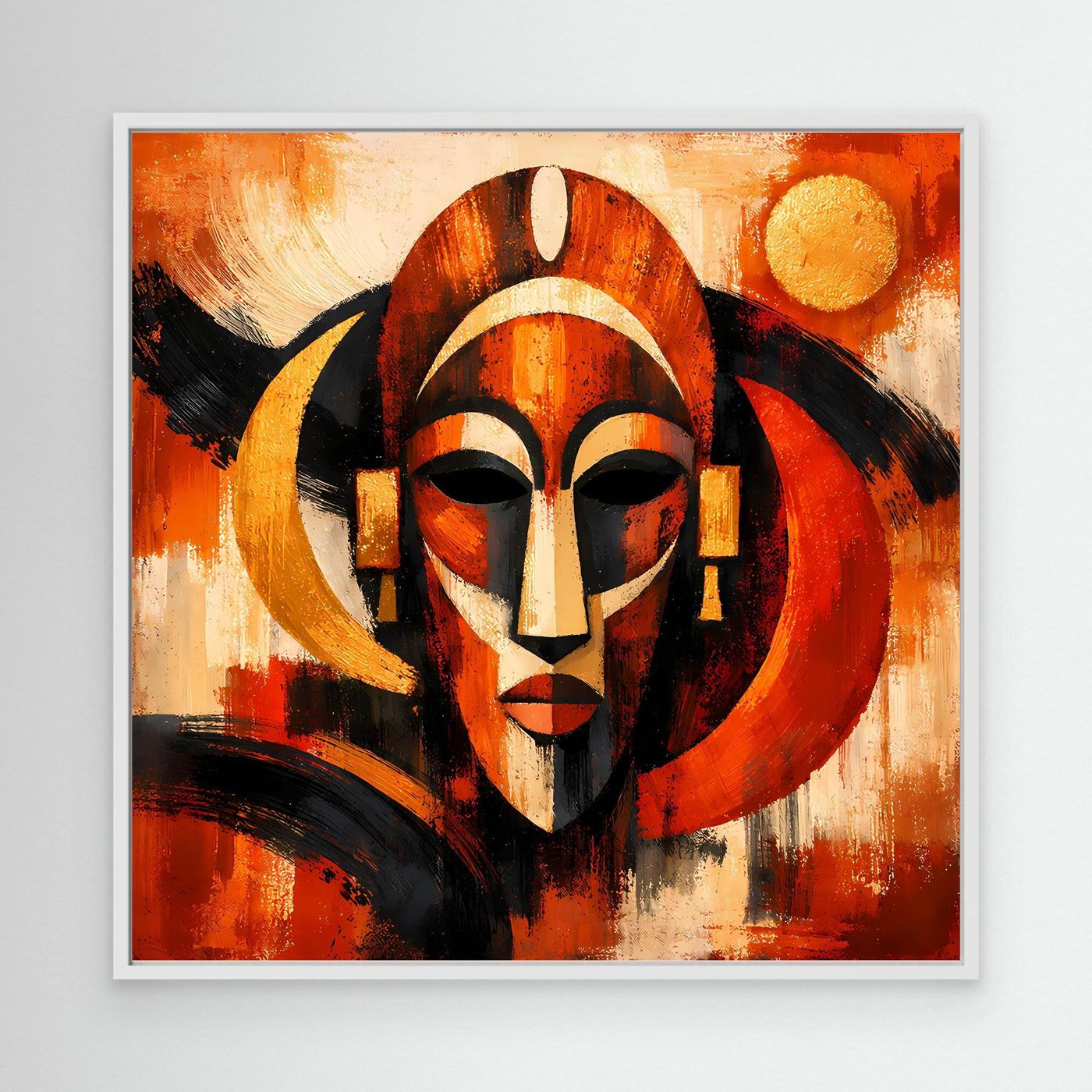 Wandbild mit weißem Rahmen, abstrakte afrikanische Maske in Orange und Schwarz
