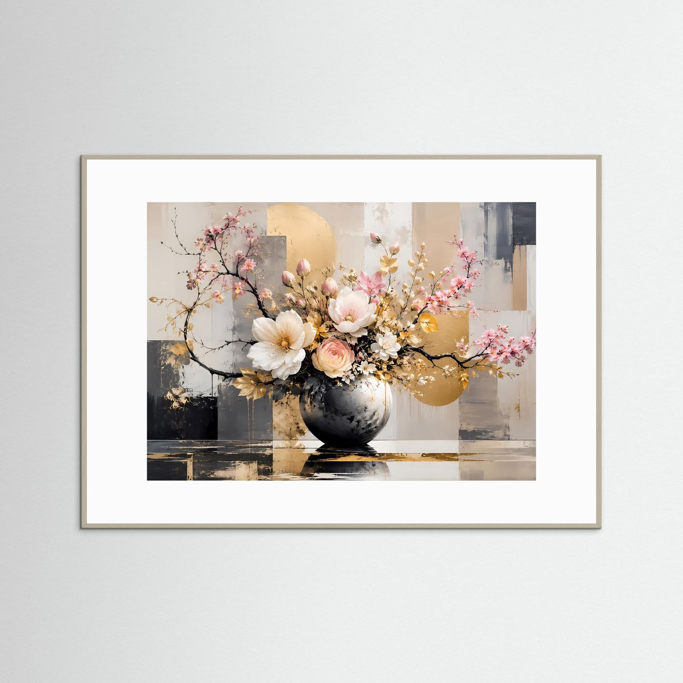Elegantes Blumenarrangement in Gold & Weiß | Modernes Florales Wandbild Querformat