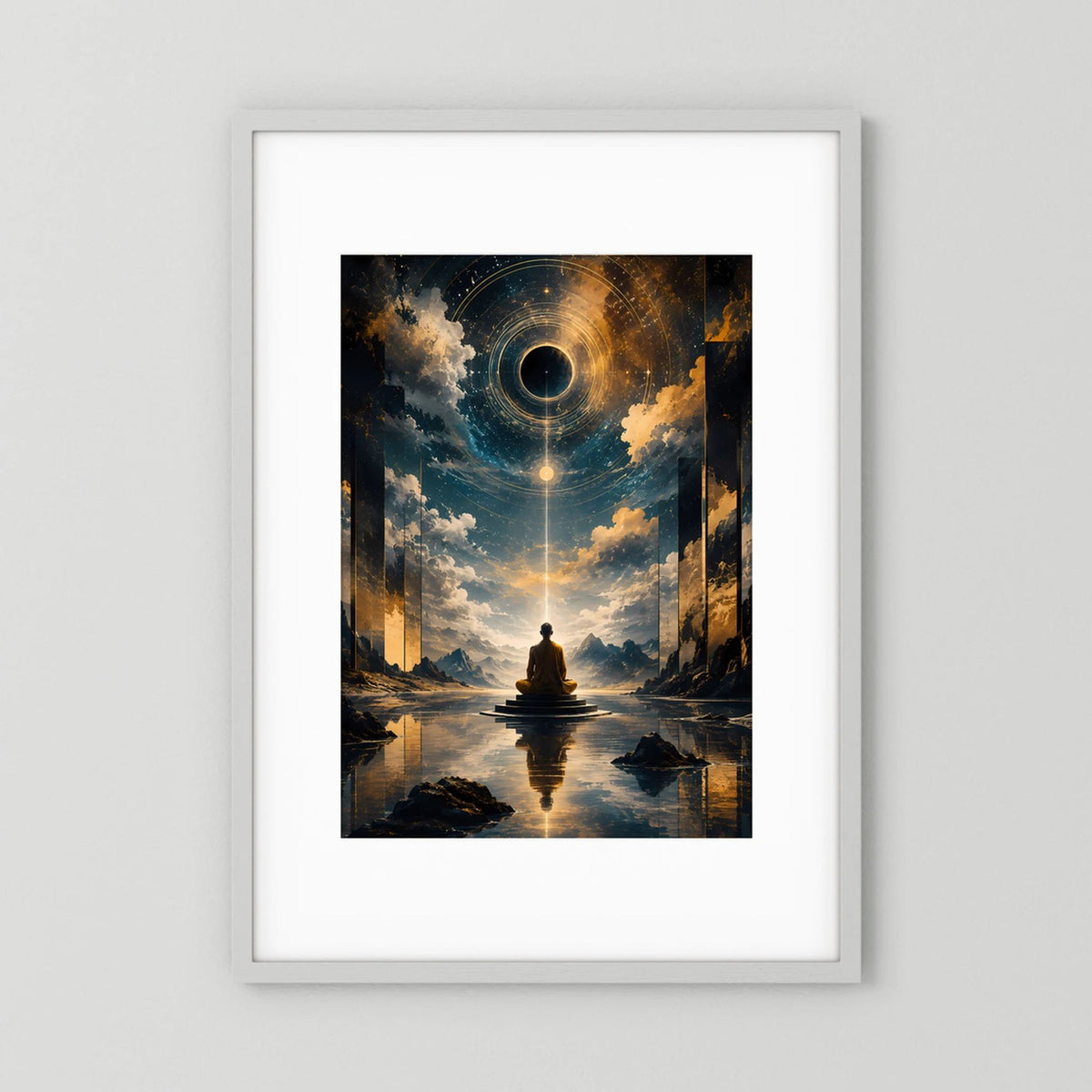 Hochformatiges Poster mit Mönch-Silhouette, kosmischem Ring und Spiegelung auf Wasser