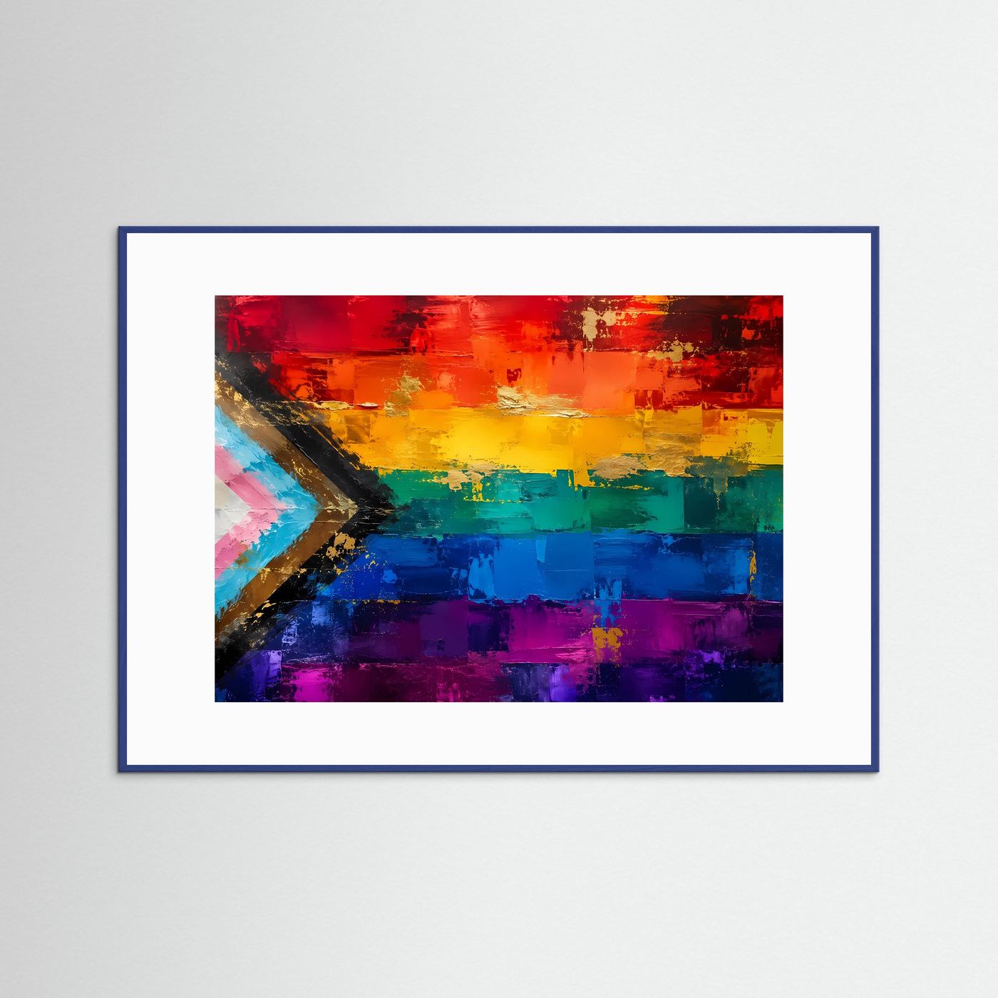 Poster mit abstrakter Progress-Pride-Regenbogenkunst und goldfarbener Struktur, blauer Holzrahmen