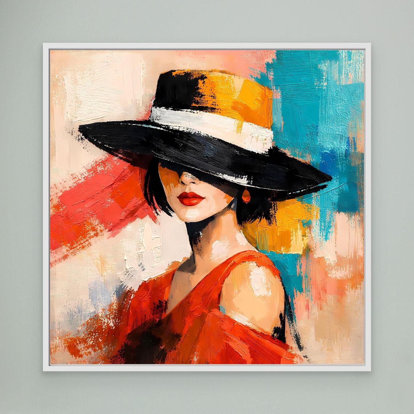 Framed canvas wall art of a stylish woman in a black hat and red dress