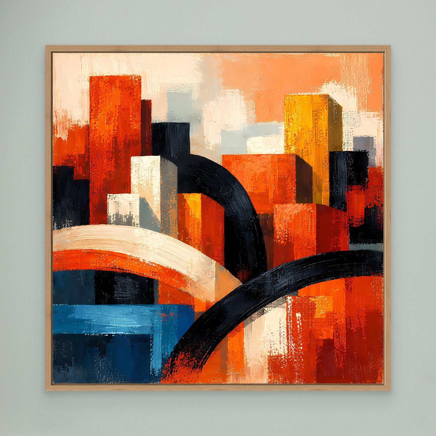 Leinwandbild im Holzrahmen: abstraktes Skyline-Motiv, orangefarbene Türme und blaue Segmente