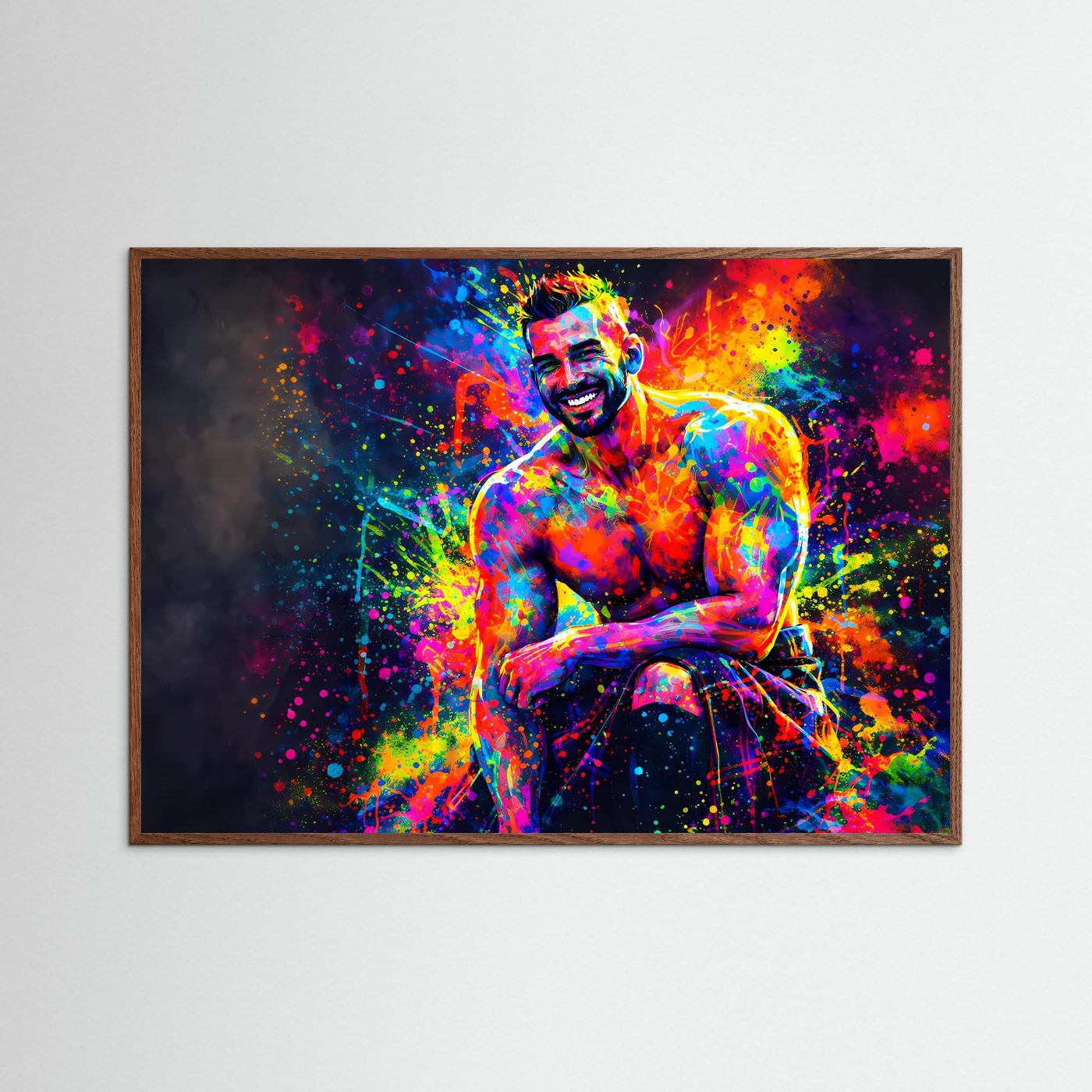 Kunstposter mit neonfarbenem muskulösem Portrait im dunklen Holzrahmen, Querformat