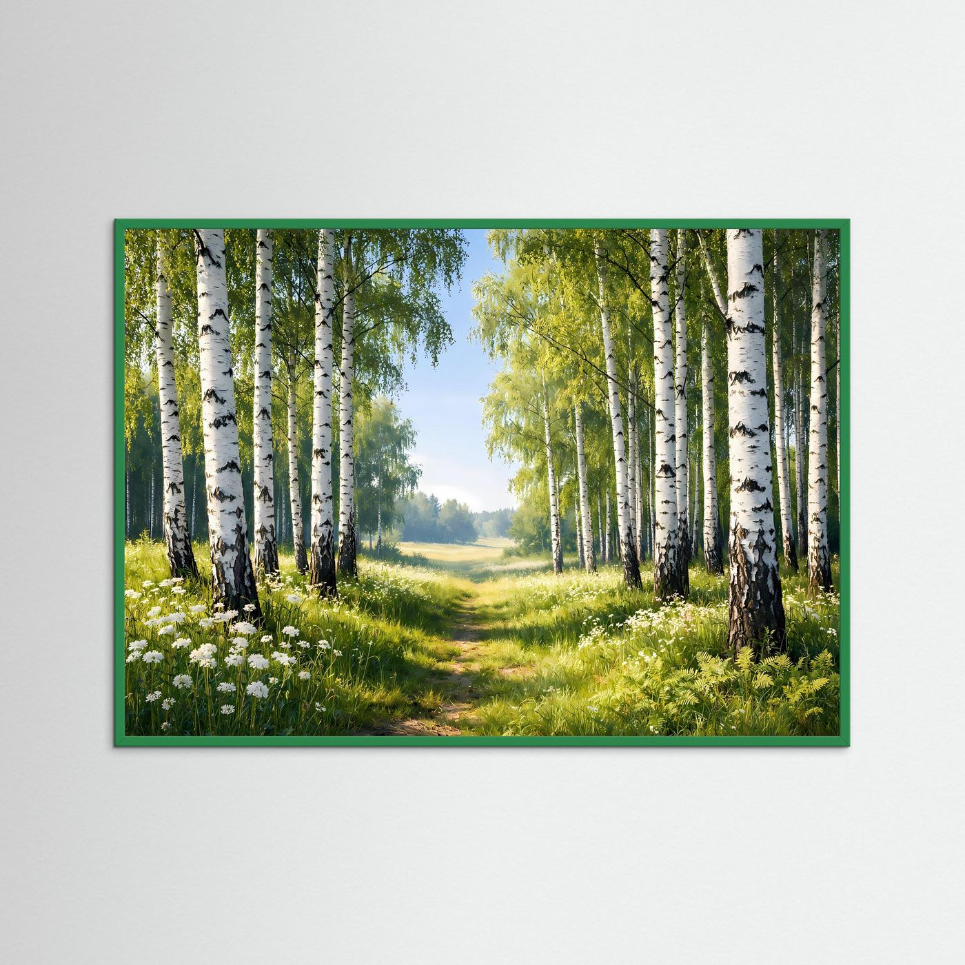 Naturposter mit Birkenwald und Wiesenweg im grünen Rahmen, querformat