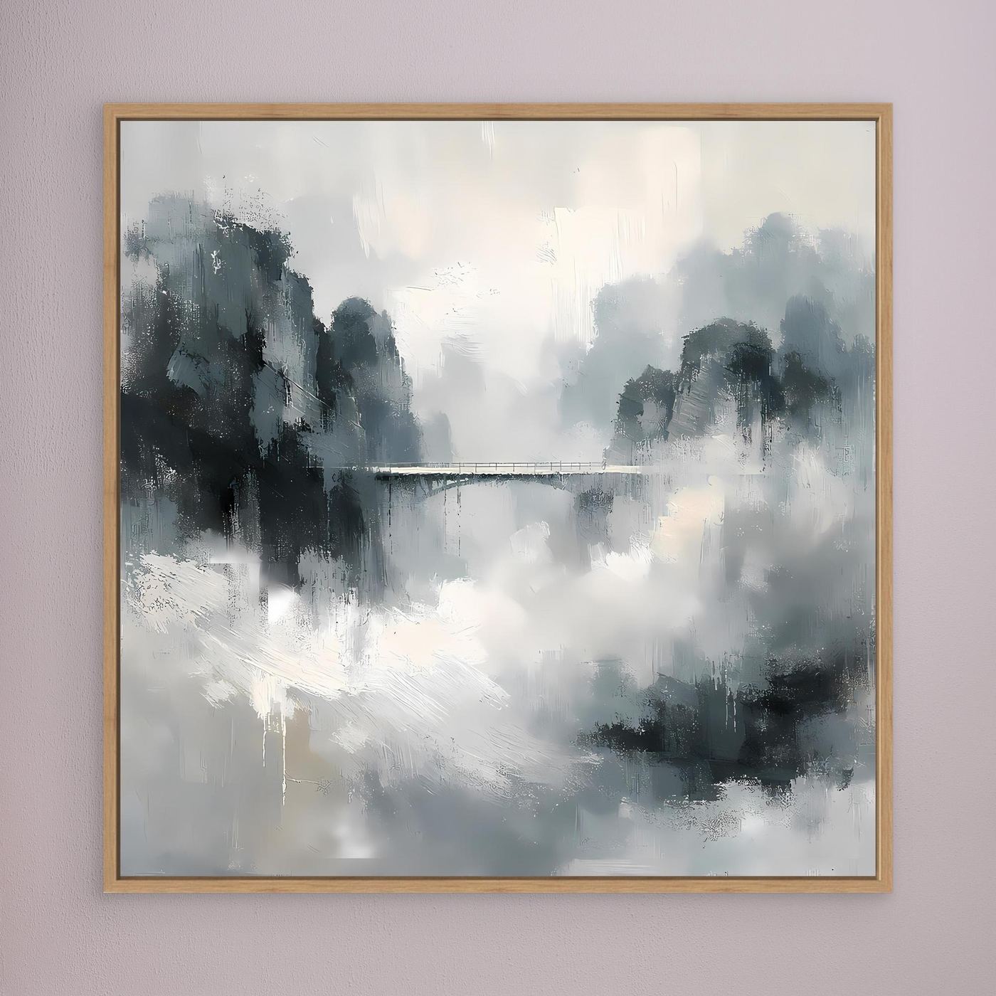 Leinwand Mystische Bergbrücke im Nebel | Abstraktes Natur Wandbild Grau