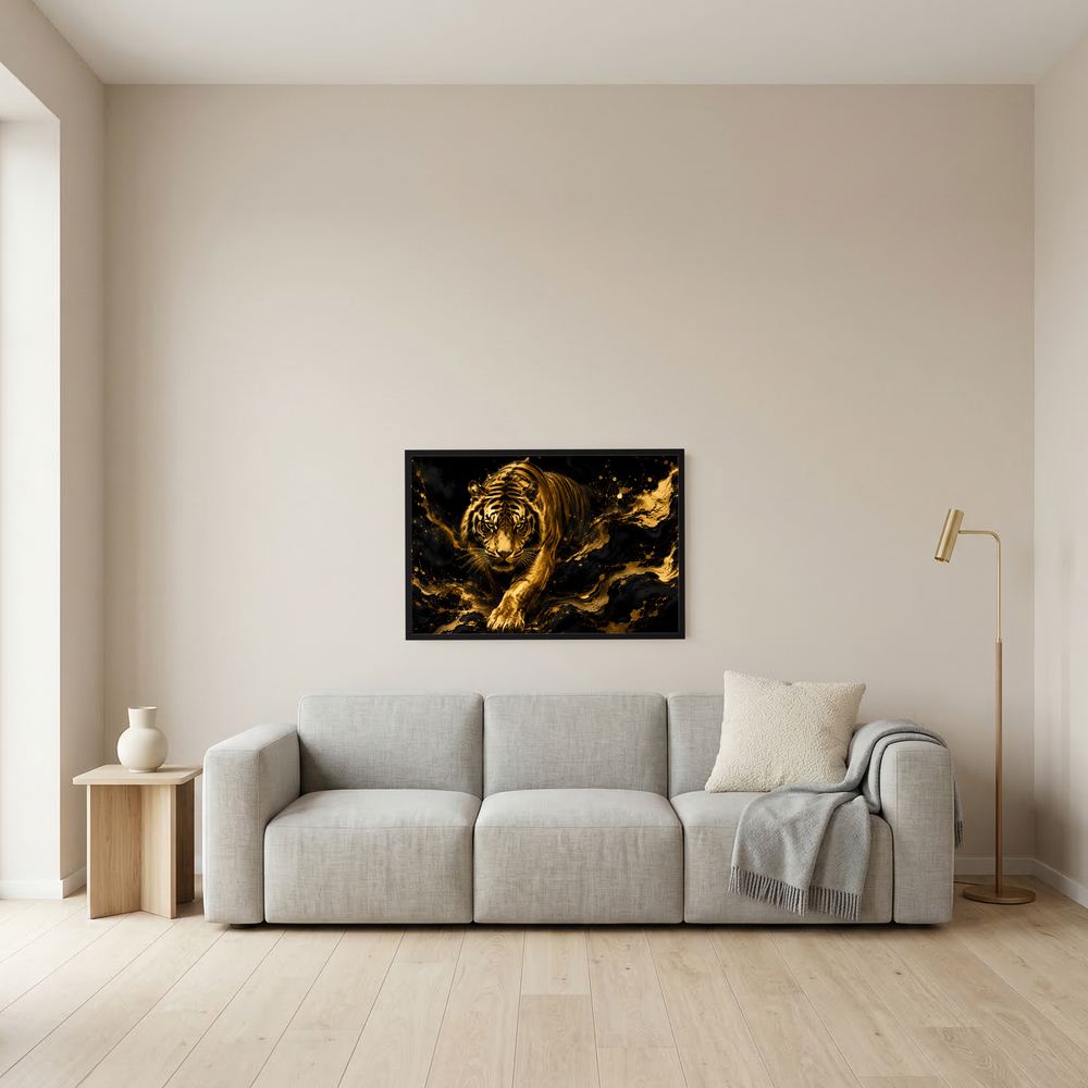 Wandposter im Querformat mit gold-schwarzem Tiger-Motiv, schwarzer Einfassung