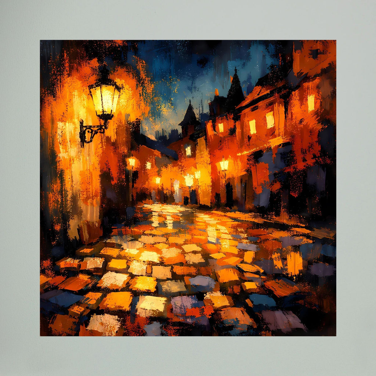 Leinwand Abstraktes Altstadt Gemälde | Modernes Romantisches Gassen Wandbild bei Nacht
