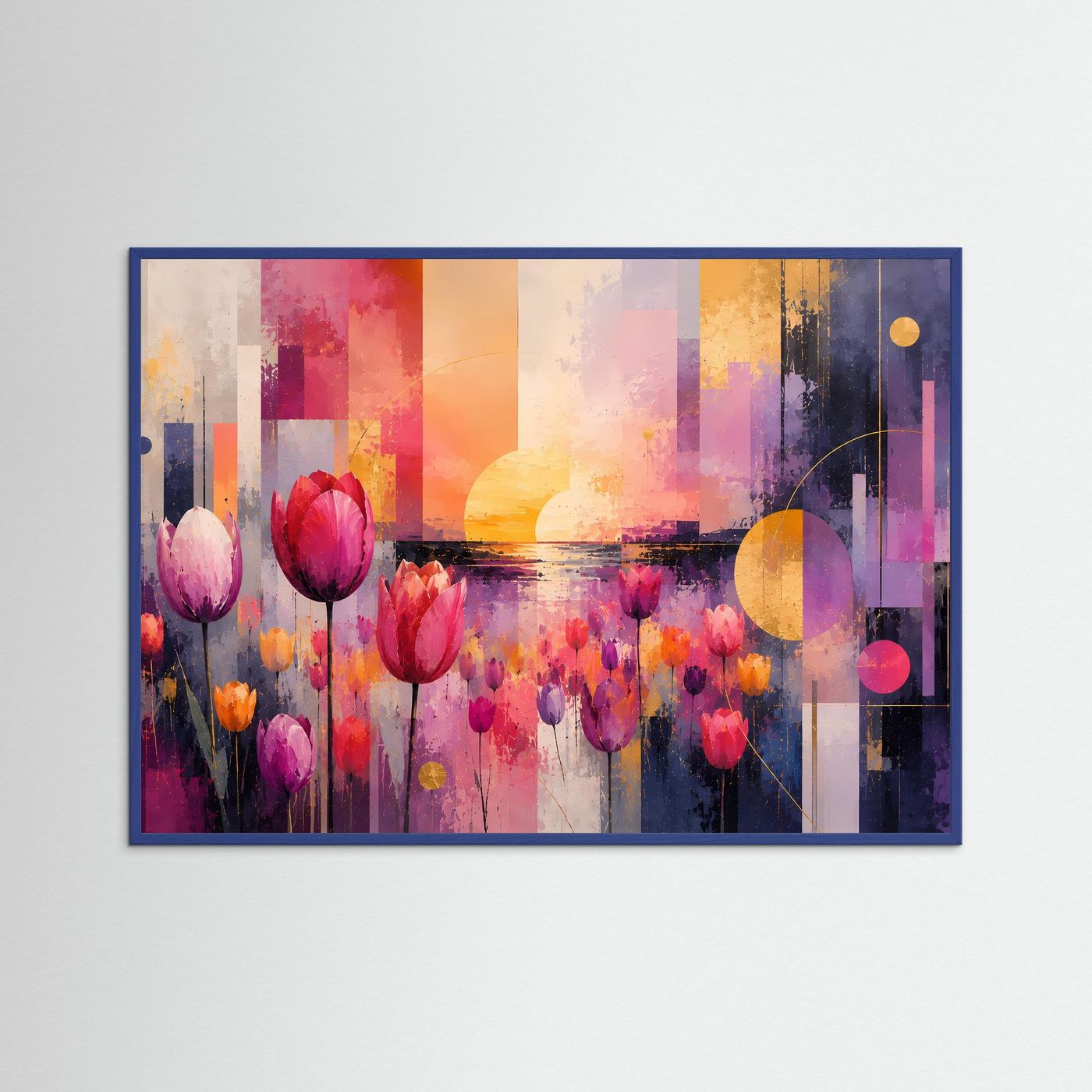 Abstraktes Tulpenfeld-Poster im dunkelblauen Rahmen, Querformat, Tulpenmotive in Pink und Violett