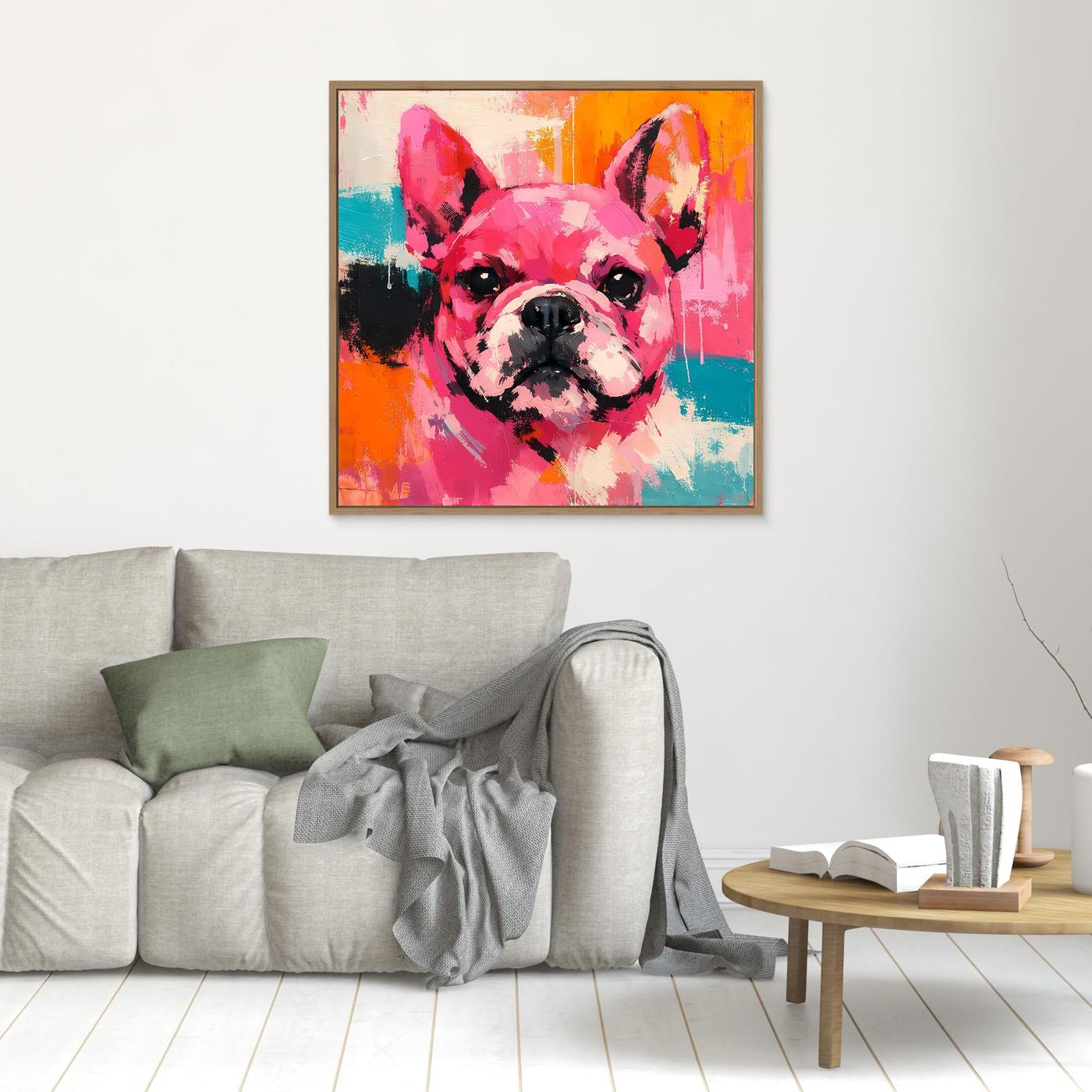 Abstract French bulldog portrait painting in pink, orange, teal, and black; brown wood frame