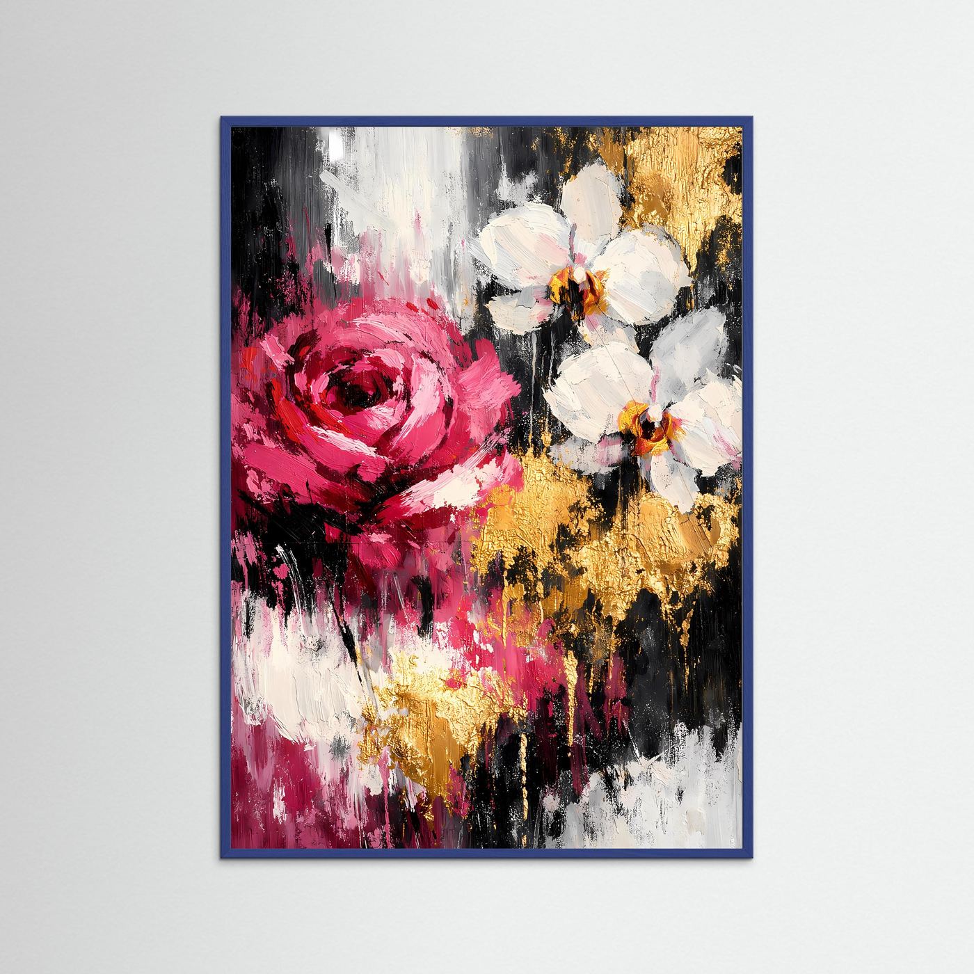 Abstraktes Blumenposter mit blauem Rahmen: rote Rose, weiße Blüten, goldene Akzente