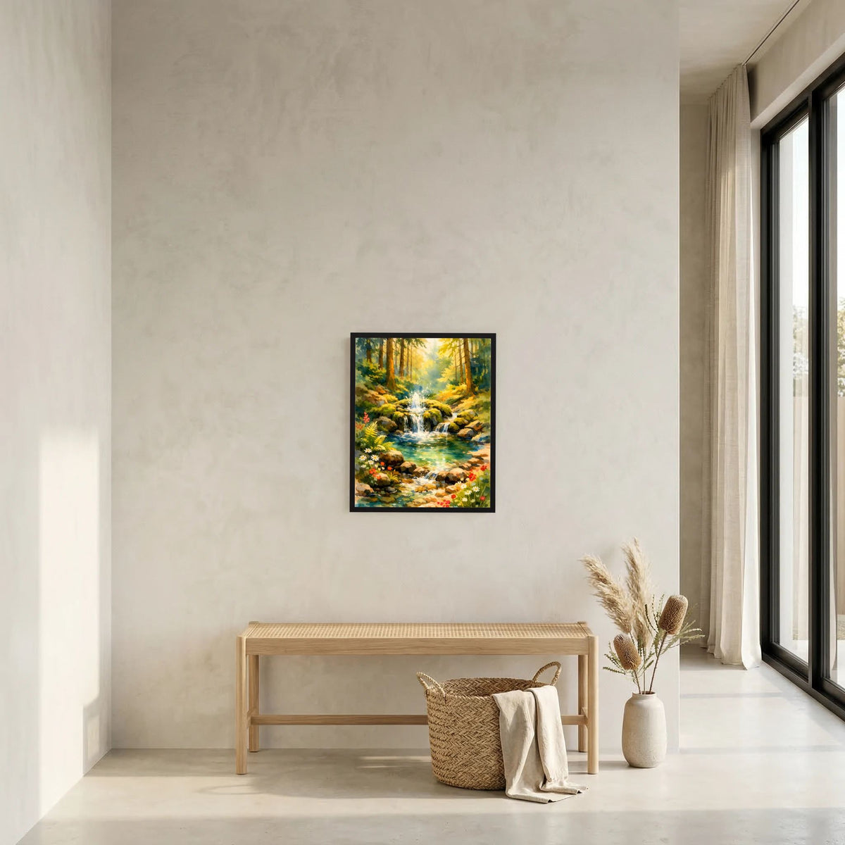 Gerahmtes Poster mit Aquarell-Waldlandschaft: Wasserfall, Bach und Blumen