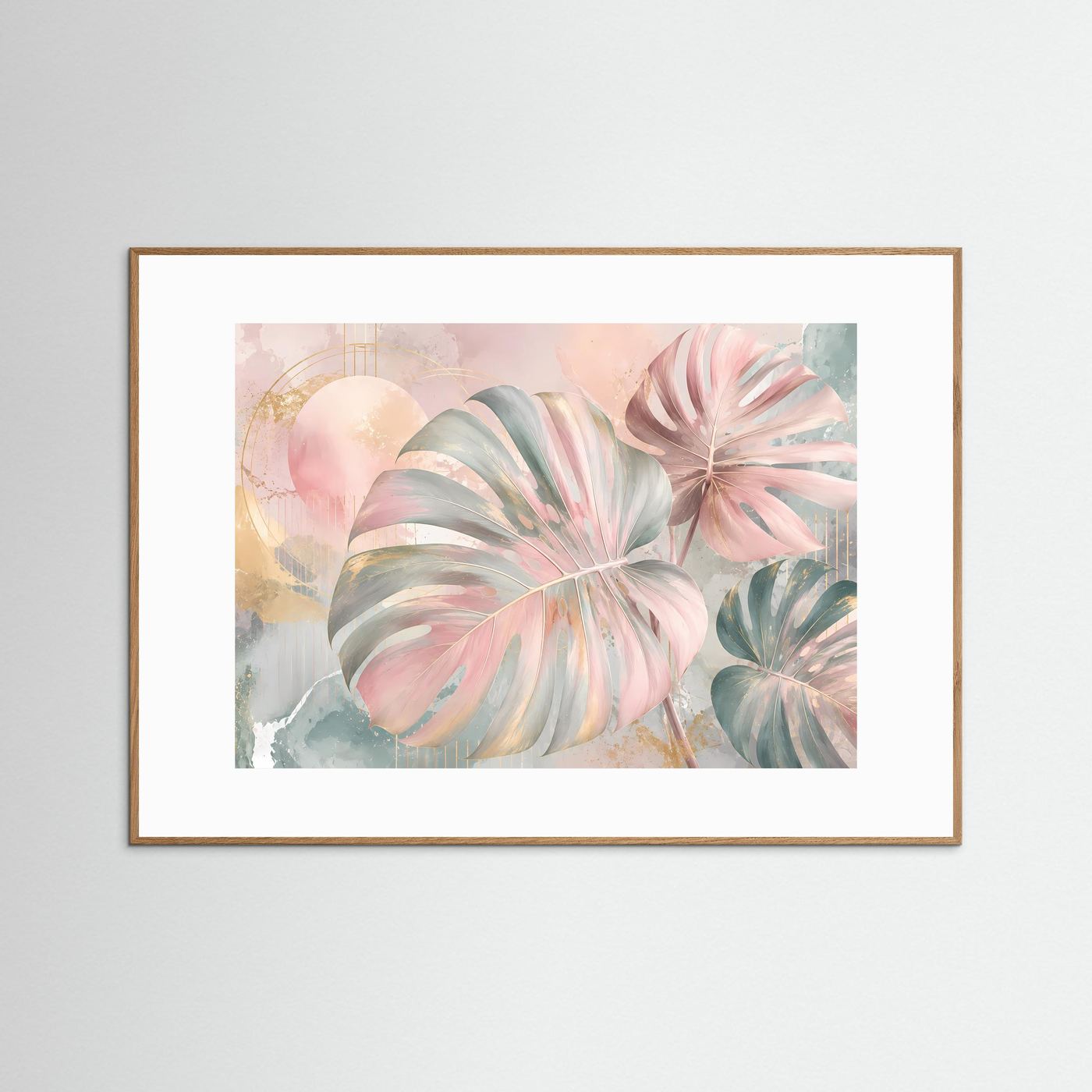 Monstera Blätter Poster Querformat | Tropische Wandkunst Pastell Rosa Gold | Moderne Botanische Kunst