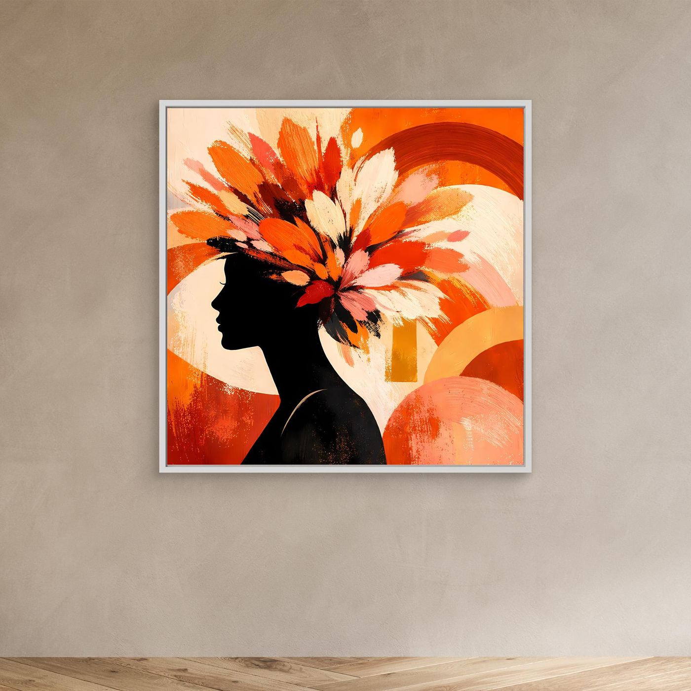 Leinwandbild mit schwarzer Frauensilhouette und Blumen in Orange- und Weißtönen, mit Rahmen