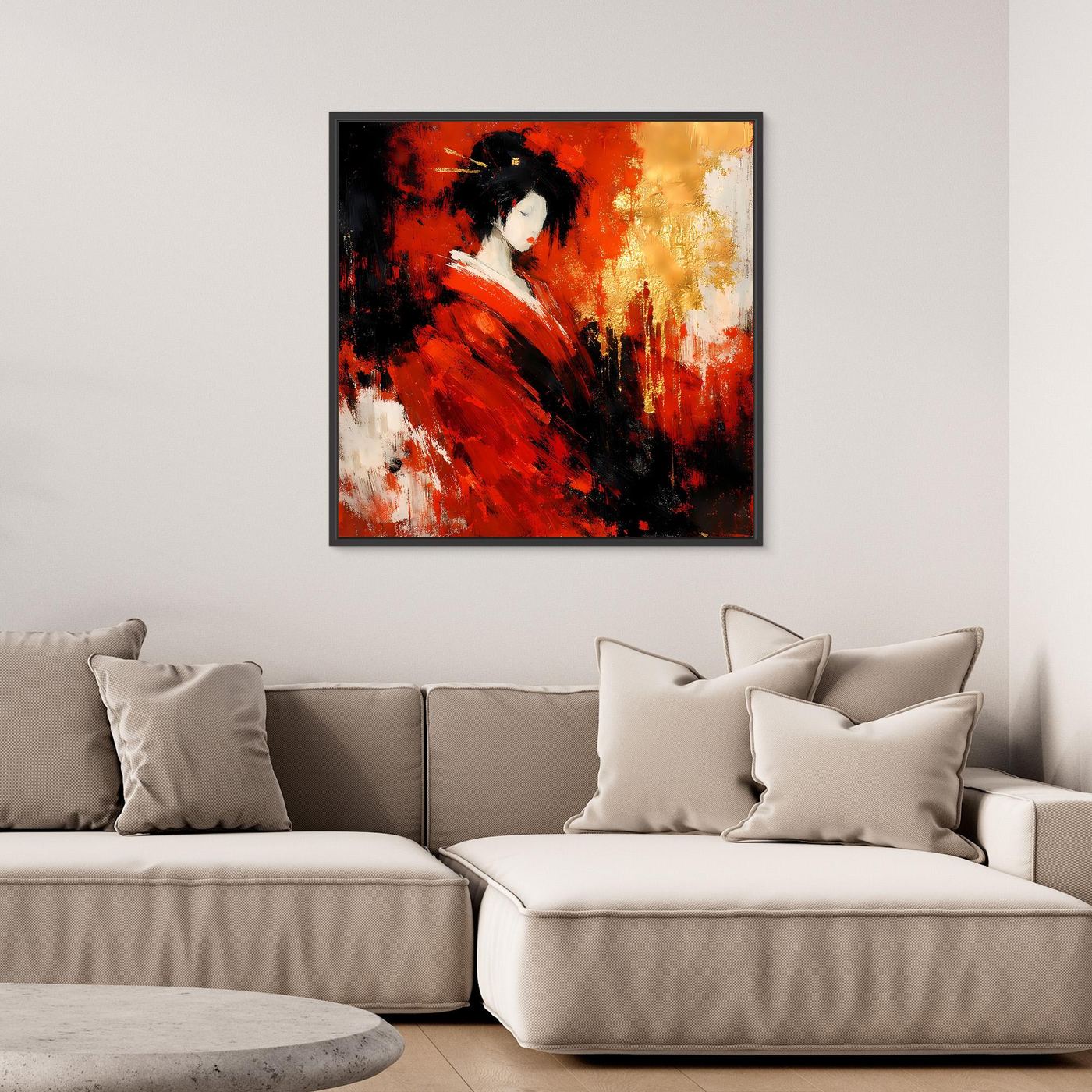 Leinwand Elegante Geisha im Roten Kimono | Abstraktes Asiatisches Wandbild Moderne Kunst