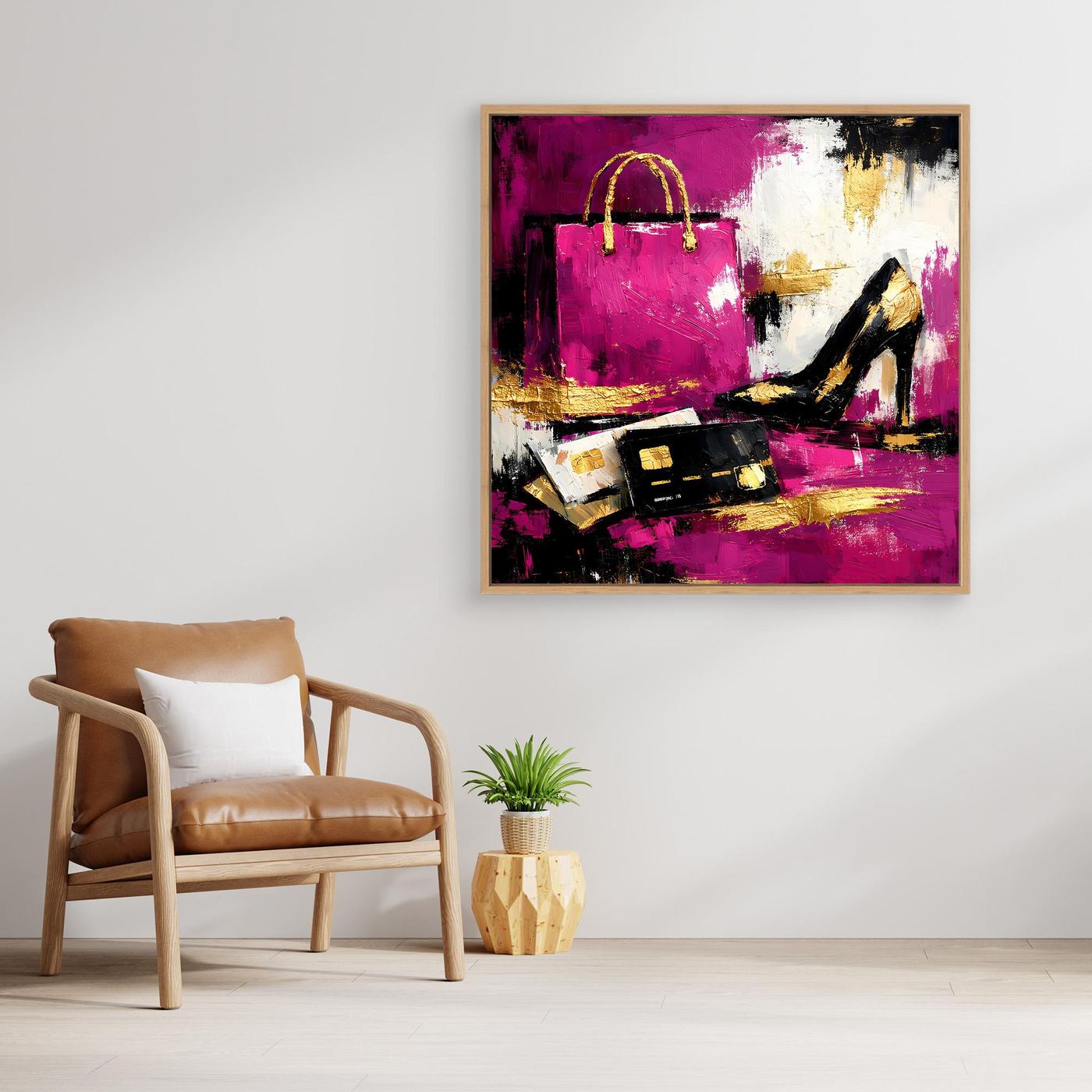 Leinwand Abstraktes Fashion Wandbild in Pink und Gold | Modernes High Heels & Shopping Gemälde