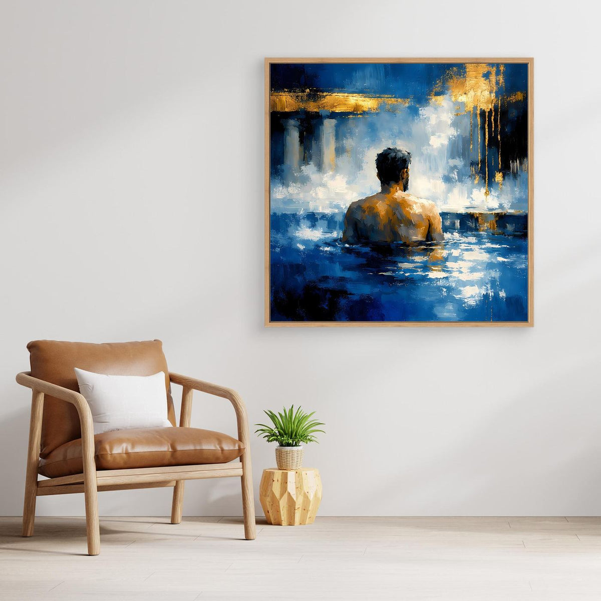 Abstraktes Leinwandbild: Mann im Wasser, blau und gelb, mit goldenem Rahmen