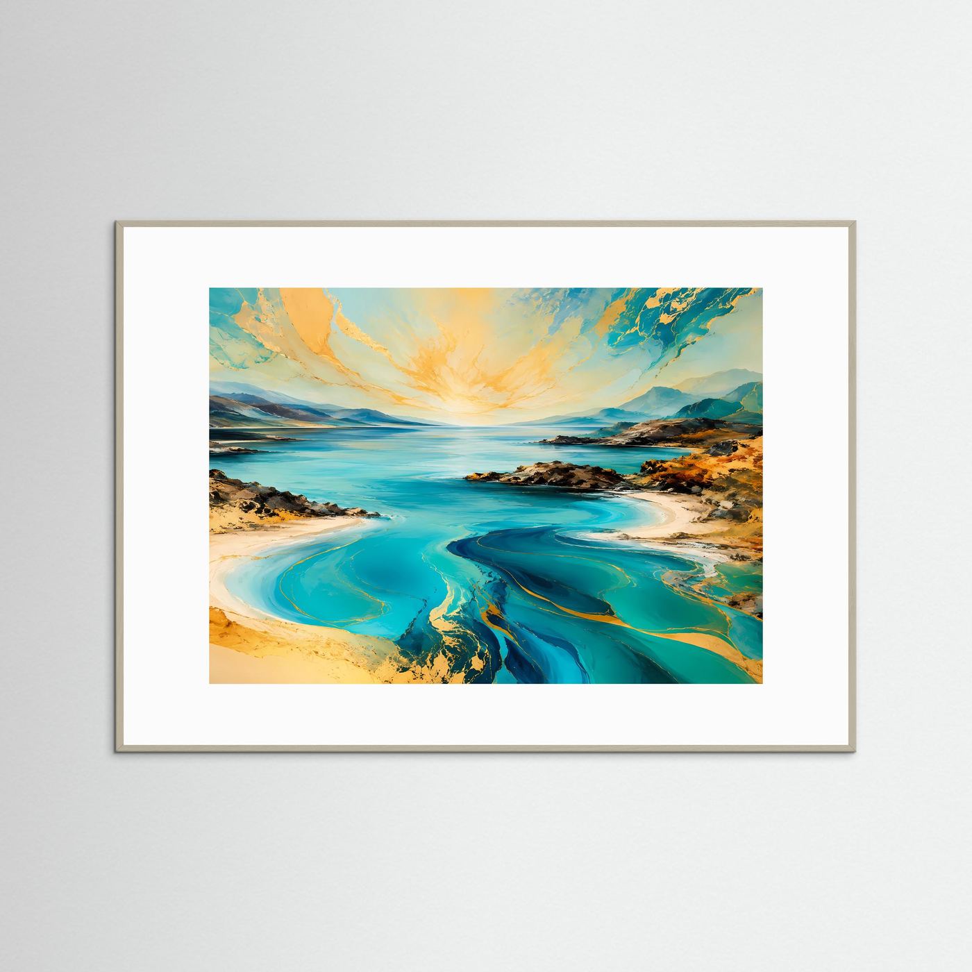 Abstrakte Küstenlandschaft Poster | Türkis Gold Meer Wandbild | Moderne Landschaftskunst mit Marmor-Effekt